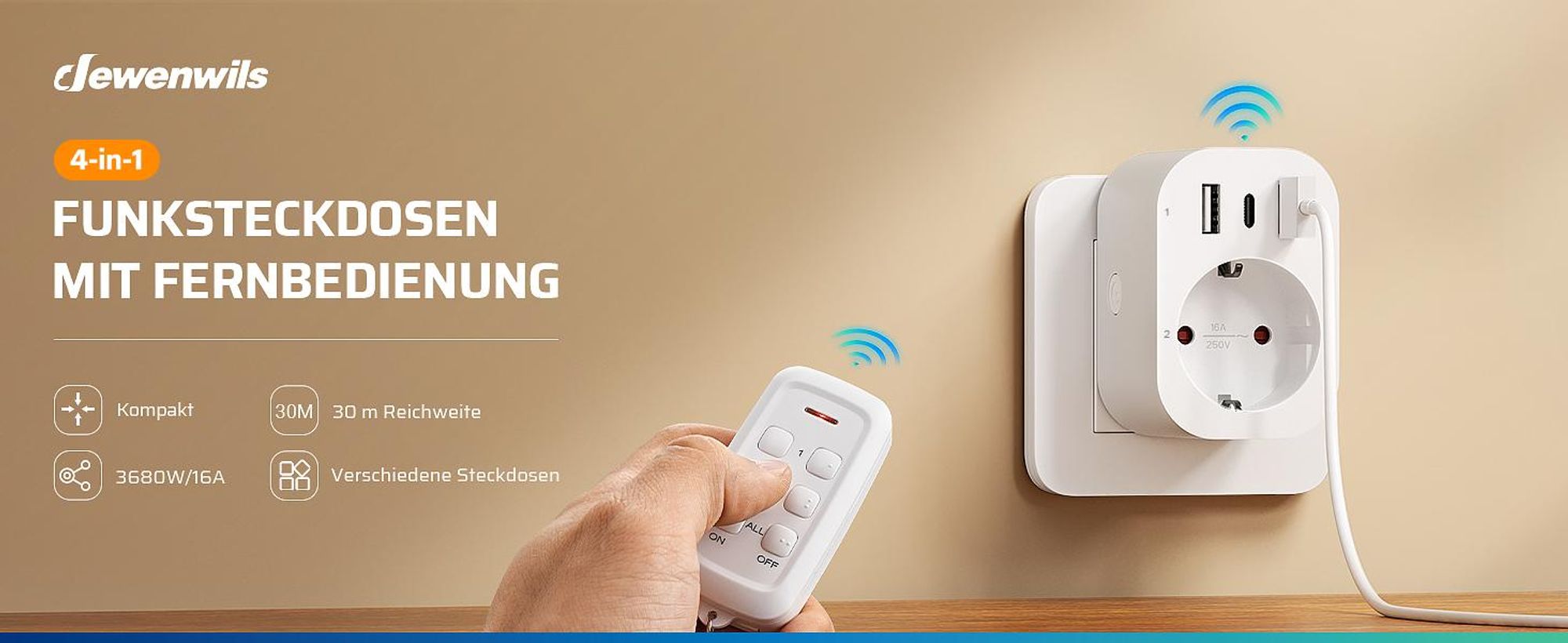DEWENWILS 4-in-1 Funksteckdosen mit USB, Funksteckdose mit Fernbedienung, 3680W