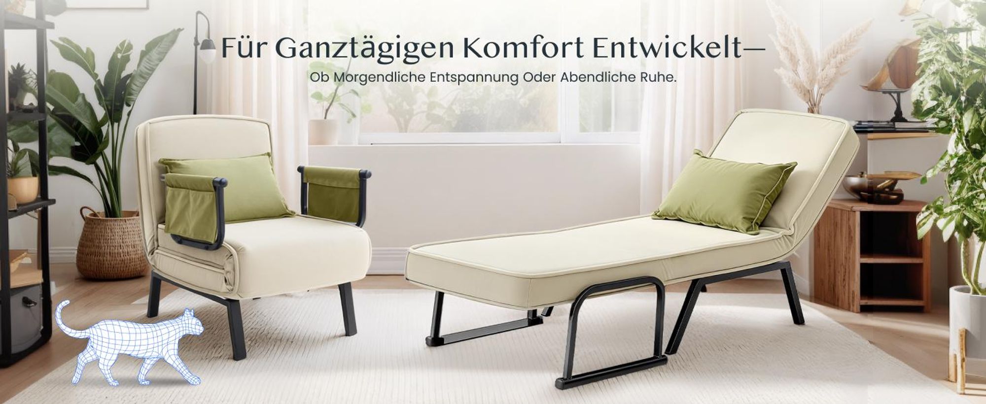 FlexiSpot 3-in-1 Schlafsessel mit Bettfunktion, Verstellbare Rückenlehne, Klappbare Beine, Seitentasche, Platzsparend für Wohnzimmer/Büro (Weiß+Grün)