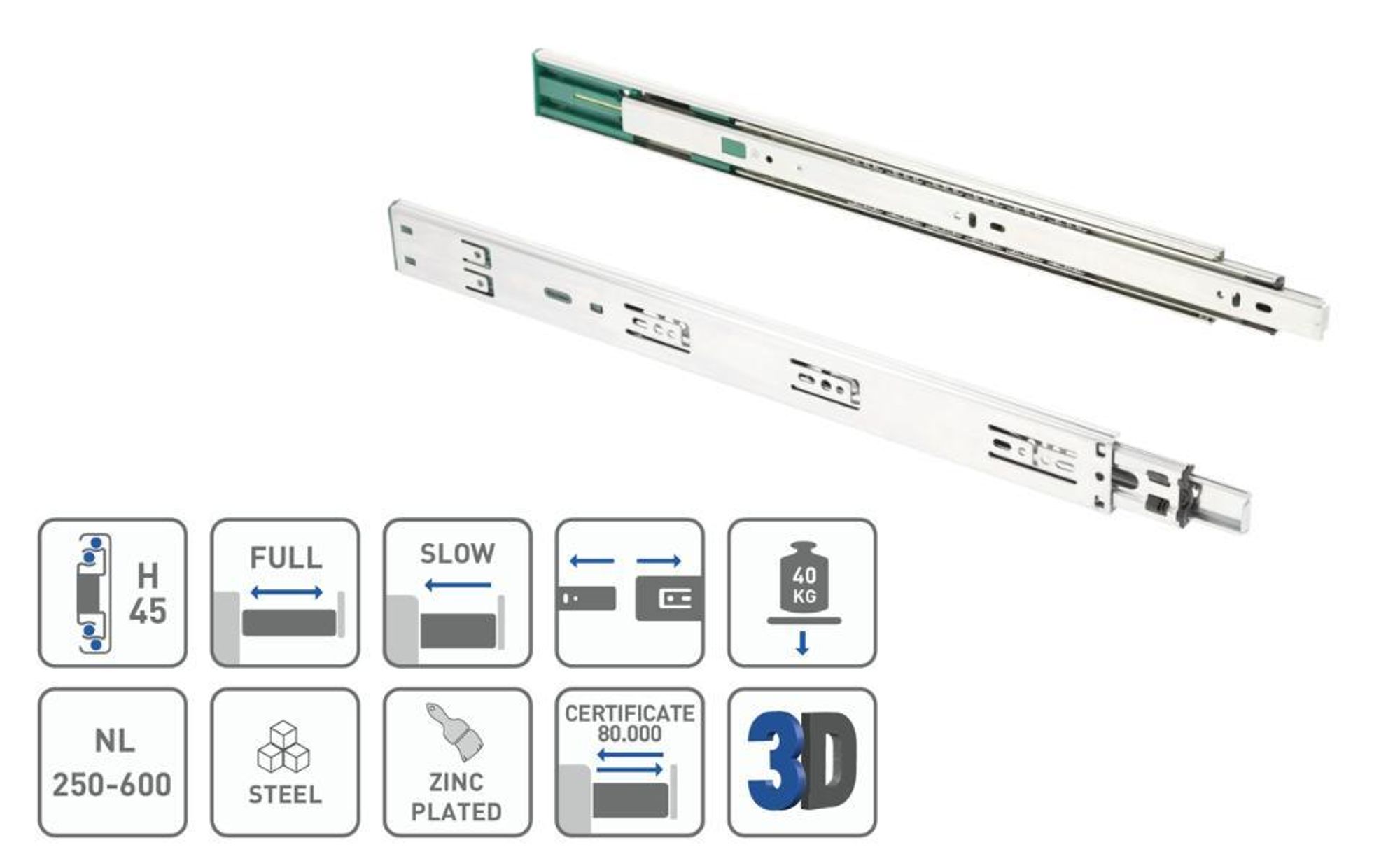 1 Paar Schubladenauszüge Soft Close Funktion Teleskopauszug 45mm Korpusschiene 350mm