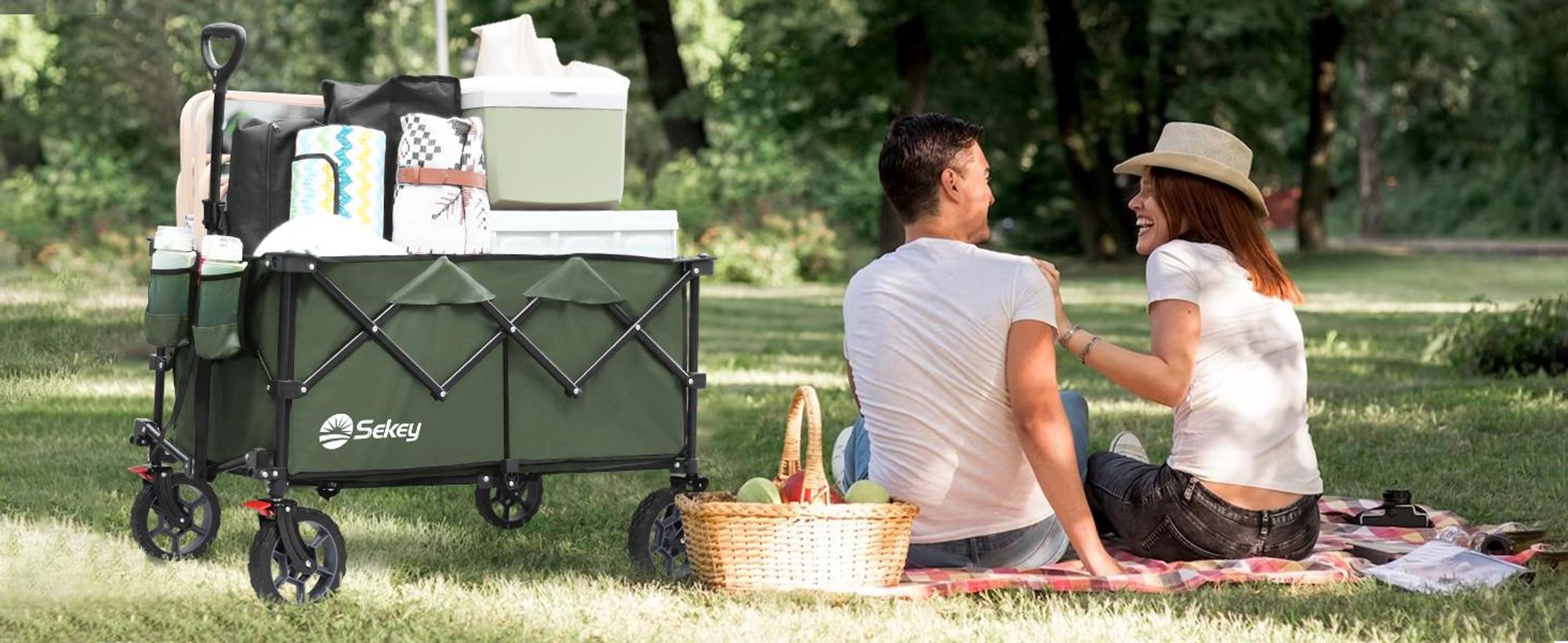 Sekey Bollerwagen faltbar 150 kg mit Bremsen, klappbarer Handwagen für Garten und Ausflug, Grün