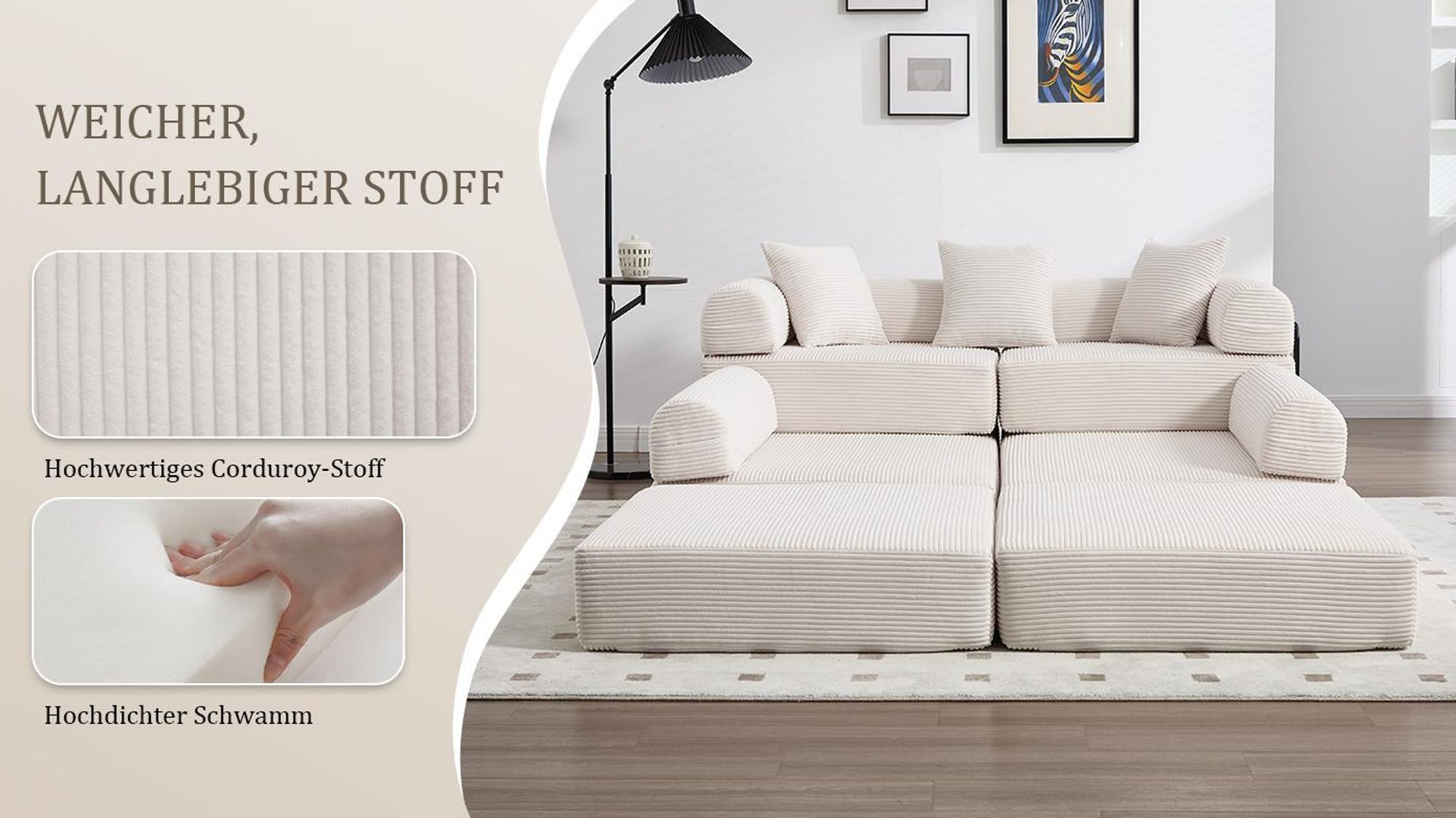 LVHOM Modulares Schlafsofa aus Cordstoff, 7 in 1 Klappbares Polstersofa, Tagesbett ohne Montage, Bodensofa mit Seitentaschen, Emerald