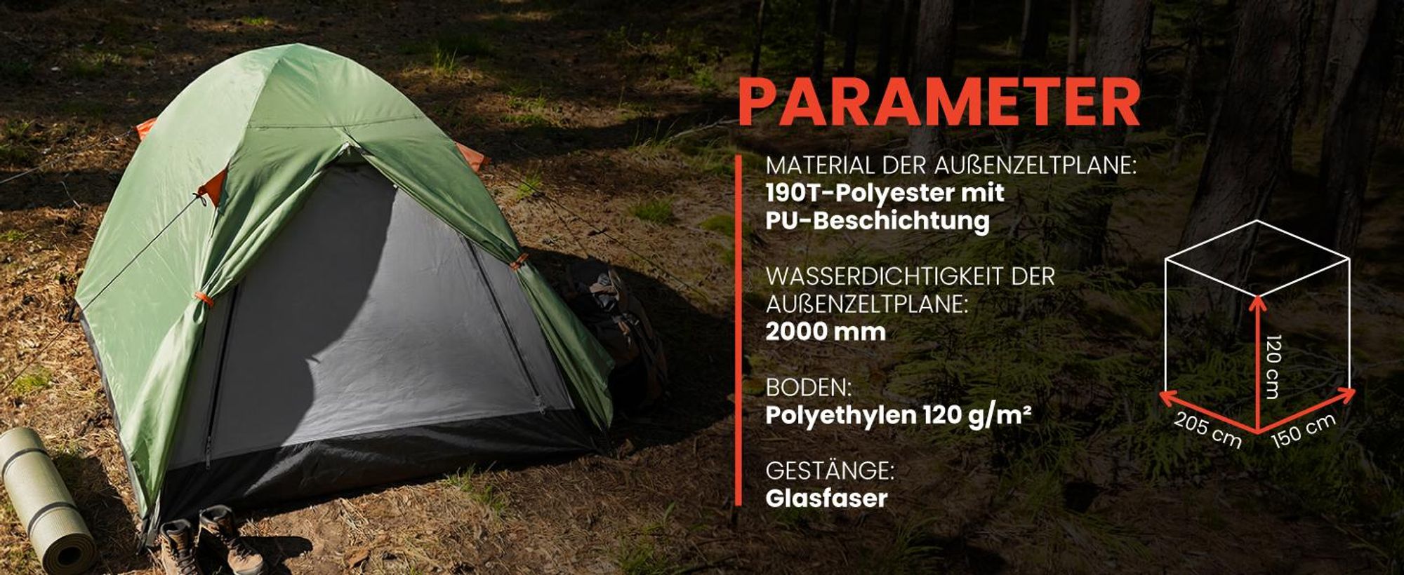 Wanderzelt Campingzelt 205x150x120 cm mit Moskitonetz Wasserdicht Fiberglasgestänge