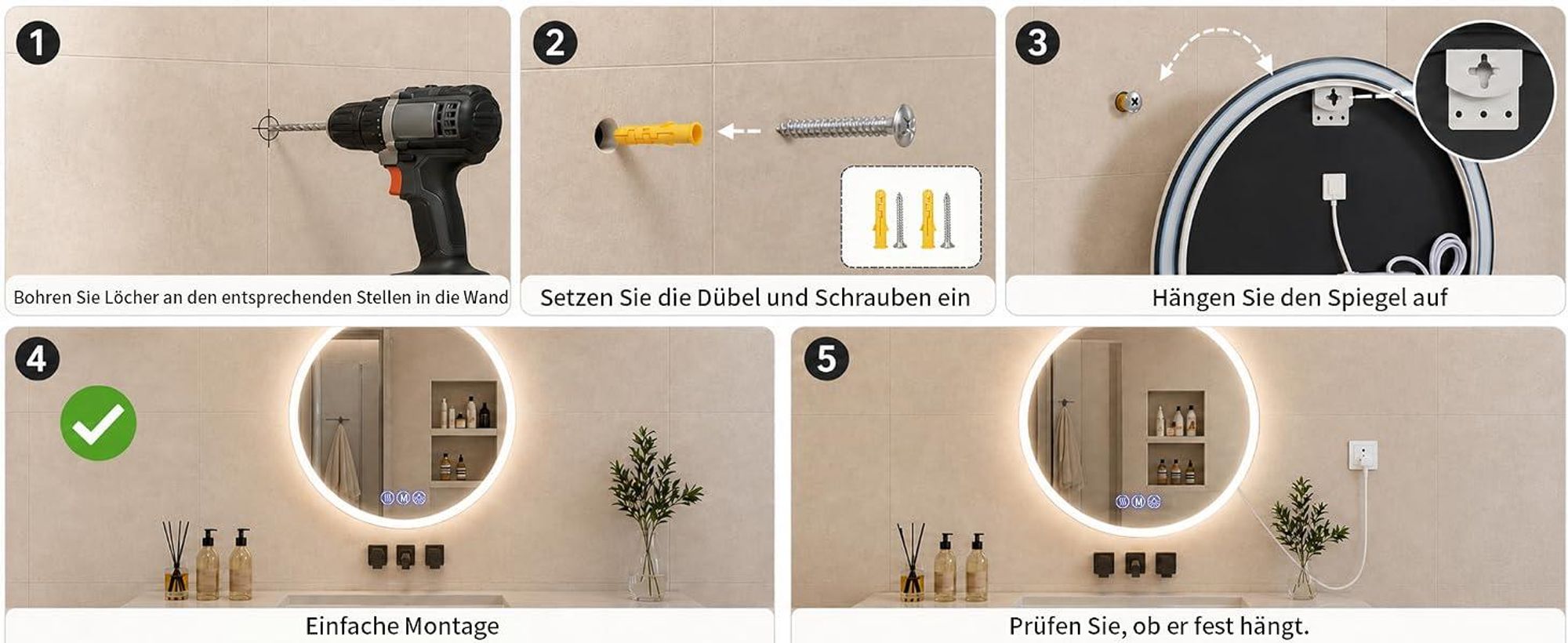 Koonmi runder LED Badspiegel 80 cm, dimmbar, Wandspiegel mit 3 Lichtfarben, Antibeschlagfunktion und bruchsicherem Glas für Badezimmer und Waschtisch