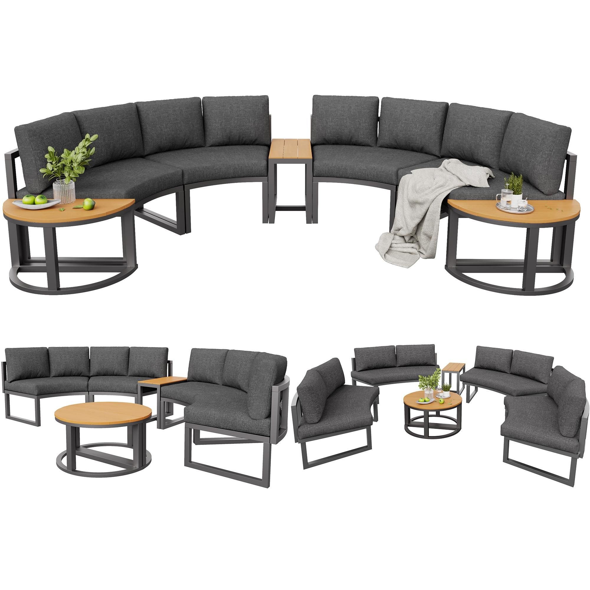 Flieks Gartenmöbel-Set 7-tlg., Gartenlounge-Set mit 4 Ecksofas und 3 Tischen, Sitzgruppe Balkonmöbelset für 4-6 Personen, Sofagarnitur Grau
