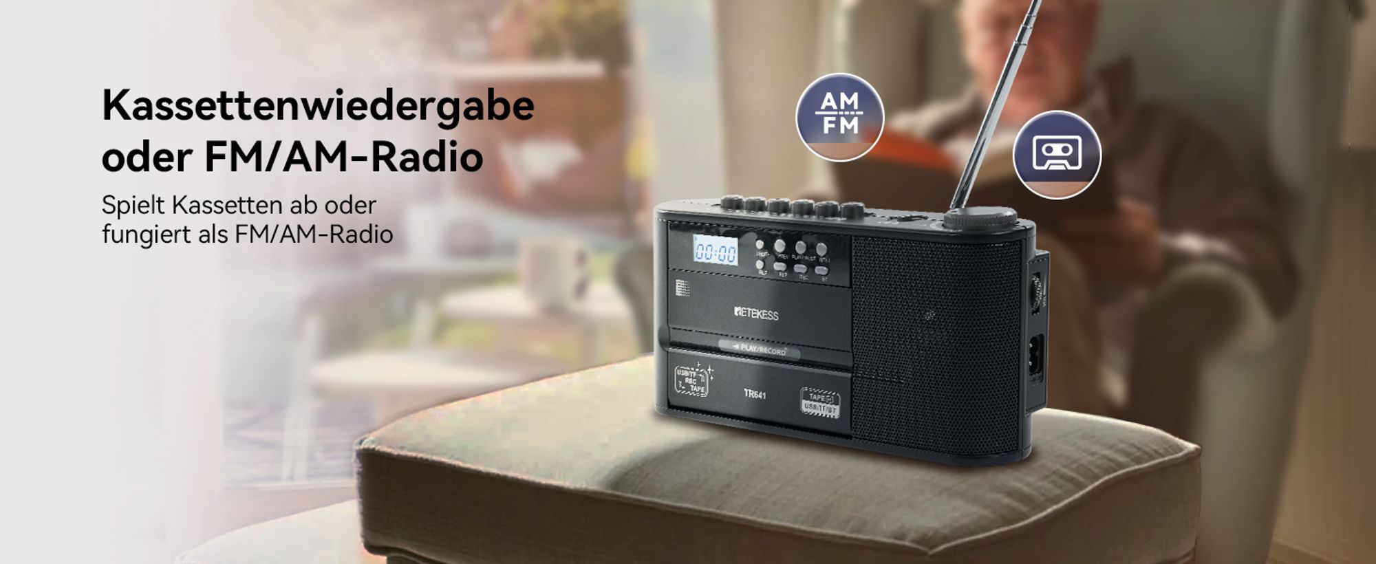 Retekess TR641 Cassette Player,Tape Player Recorder,FM AM Radio, USB/TF -Karte,Drahtlose Verbindung,Batteriebetrieb oder Wechselstromstromversorgung