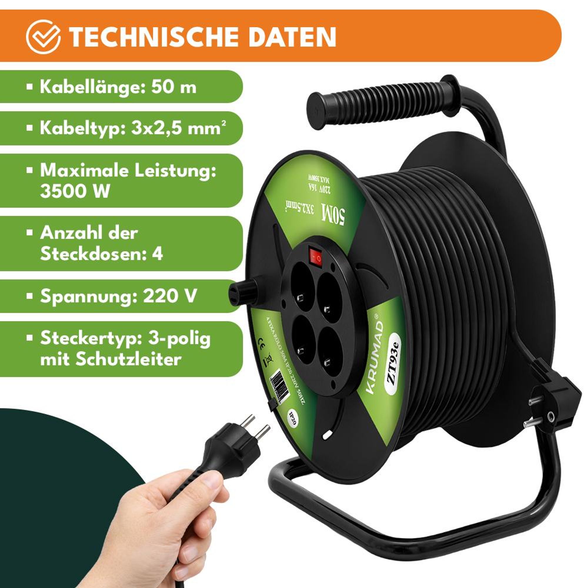 KRUMAD Kabeltrommel 50m mit 4 Schutzkontaktsteckdosen, 3500W max, robust & wetterfest für Außen, Werkstatt & Baustellen, 3x25mm², Schwarz