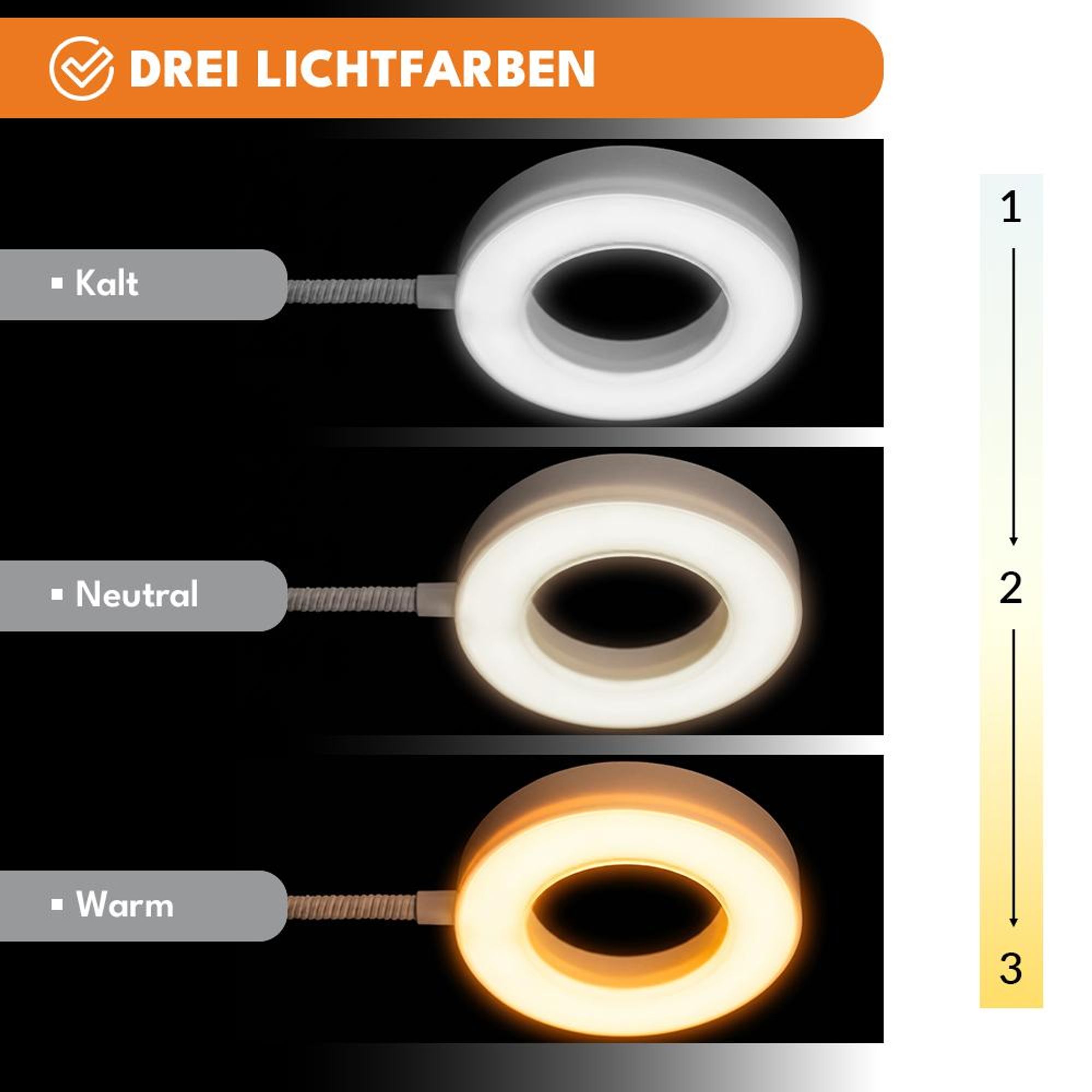 KRUMAD Leselampe, Leselampe mit Klemme, LED Klemmleuchte für Bett und Schreibtisch, 48 LEDs, 3 Lichtmodi, 10 Helligkeitsstufen, USB, Weiß