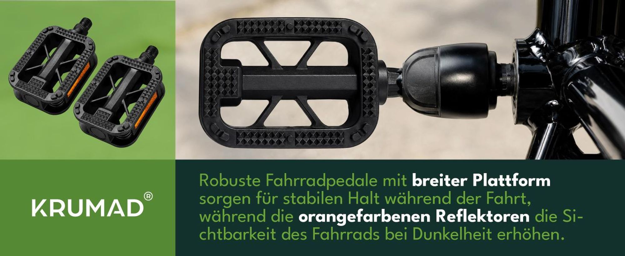 KRUMAD Fahrradpedale MTB, Flat Pedale Fahrrad rutschfest mit Reflektoren, 2er Set, Bike Pedale für MTB, Gravel & Citybike
