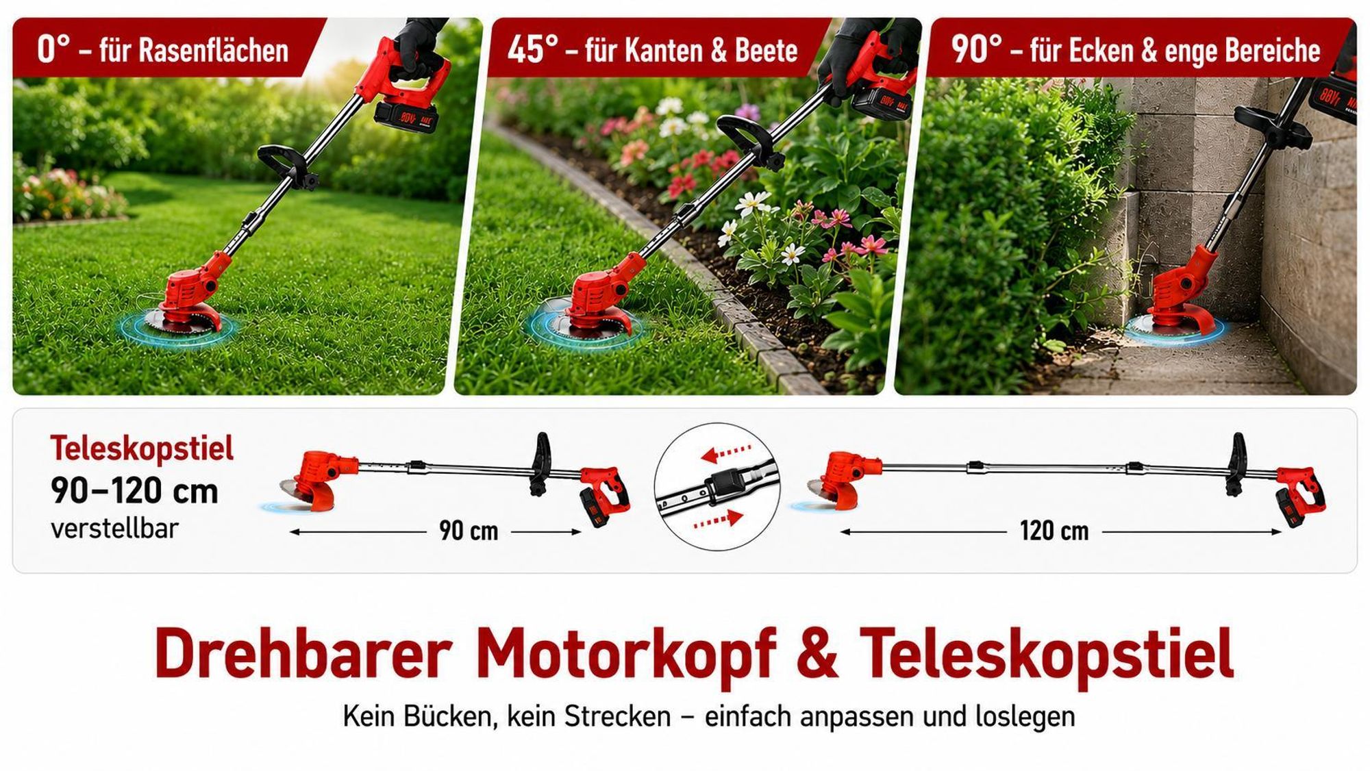 Akku Rasentrimmer mit 2 Akkus & Ladegerät, 3 in 1 Freischneider akku, 18000 U/min, Teleskopstiel 90-120cm, für Garten & Hof