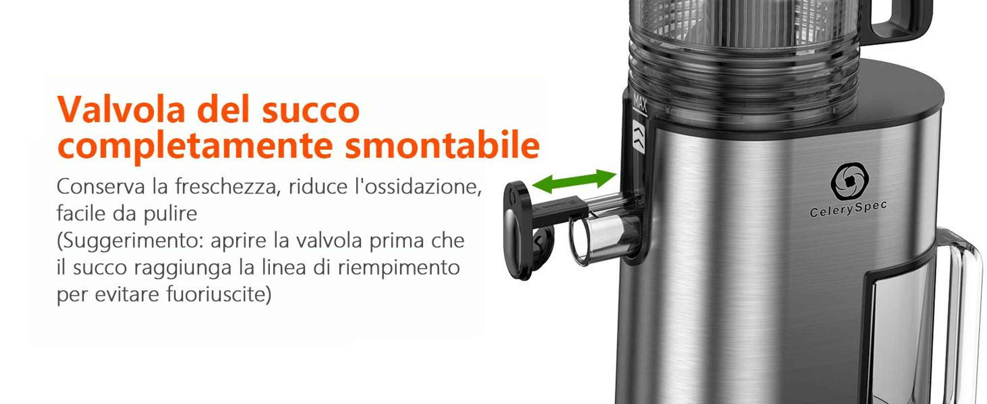 CelerySpec SJ-048-EU-SS Lento Spremiagrumi - 250W Potenza 1.8L Ampia capacità Due aperture di alimentazione da 130 mm e 45 mm - Argento