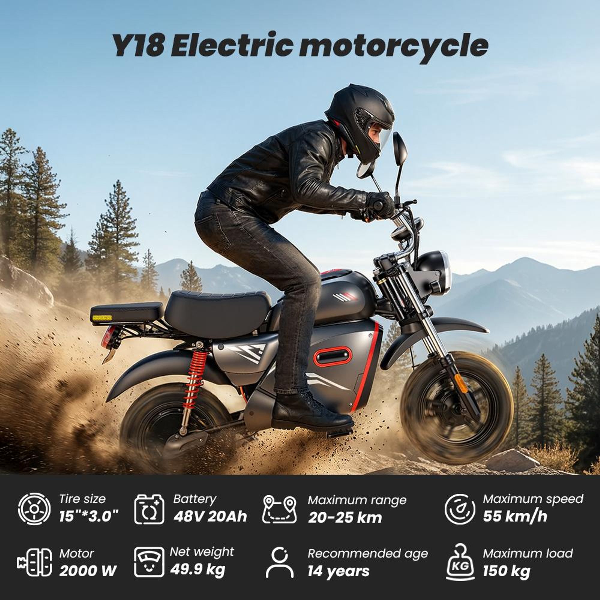Vélo électrique pour courses Y18, 48 V 20 Ah, charge maximale 150 kg, pneus 15 pouces, avec NFC