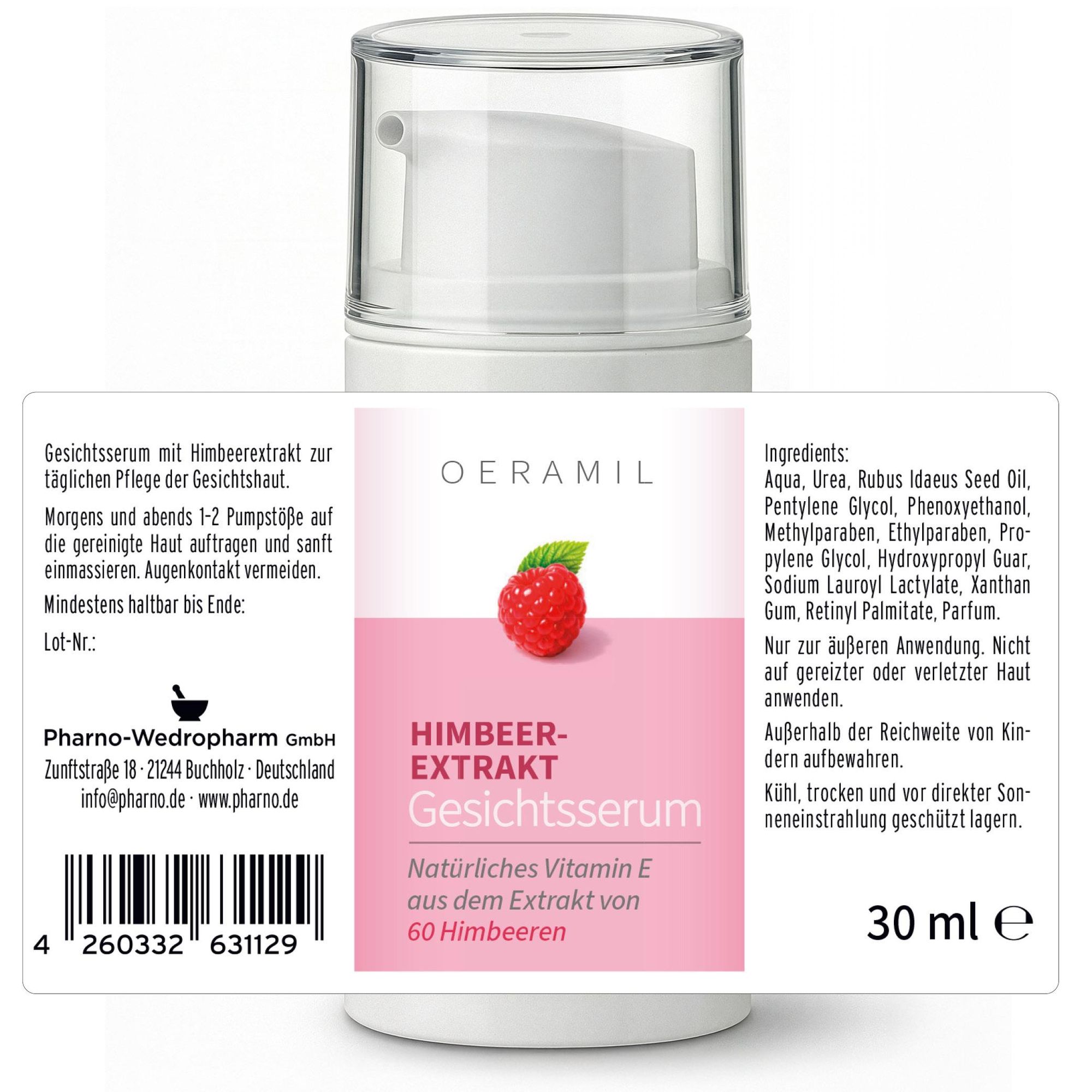 OERAMIL Himbeer-Extrakt Gesichtsserum mit natürlichem Vitamin E, 30 ml, vegan