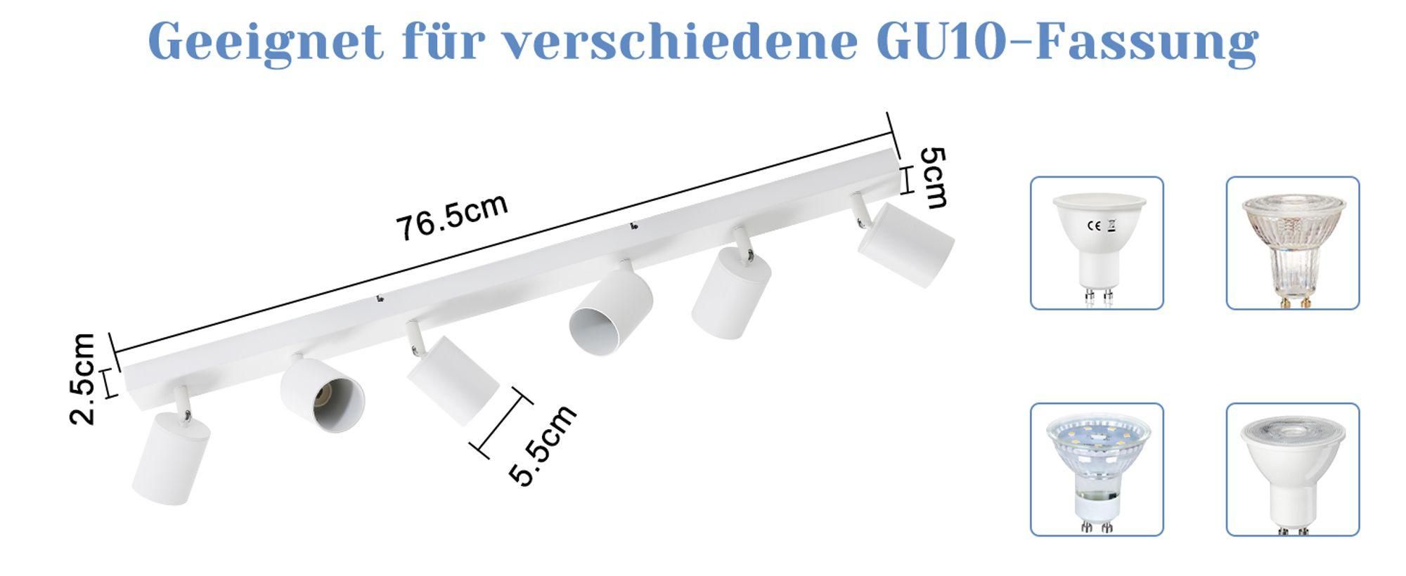 ZMH LED Deckenstrahler 6 Flammig Deckenlampe  Deckenstrahler GU10 Metall Deckenspots Schwenkbar 350° Strahler für Wohnzimmer Schlafzimmer Flur Weiß