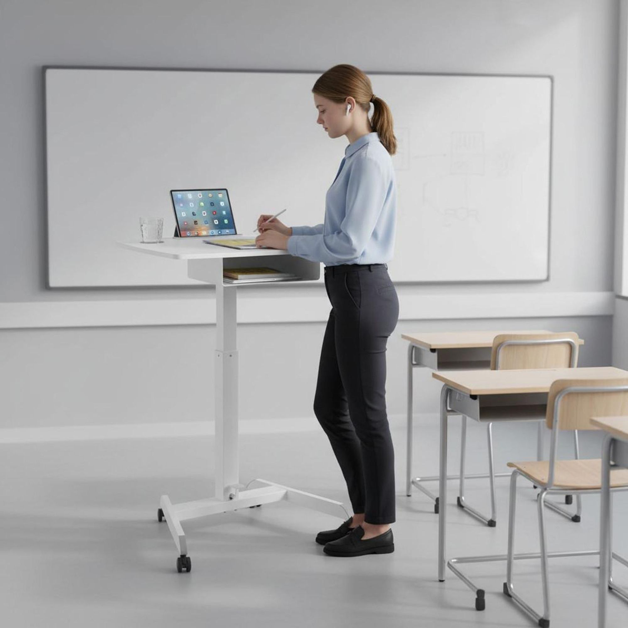 Höhenverstellbarer Laptoptisch mit Rollen und Schublade Sitz-steh-Schreibtisch - Höhenverstellbar bis max. 113cm / Max. 8kg - Weiß