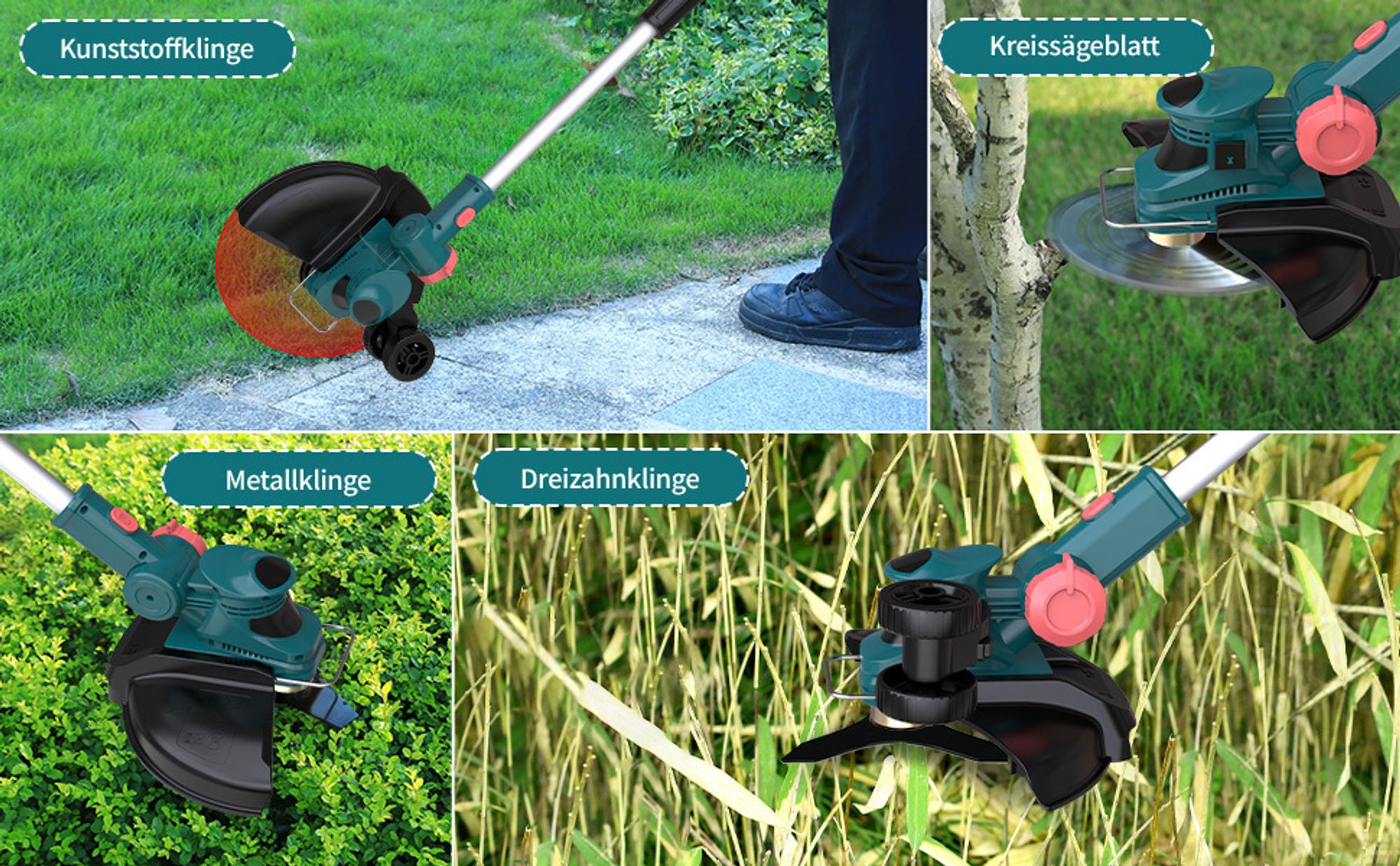 750W Akku Rasentrimmer mit 18V Makita Akkus (ohne Akku & Ladegerät), 5 Klingentypen Bürstenloser Rasentrimmer mit Unkrautbürste, Drahtbürste – Blau