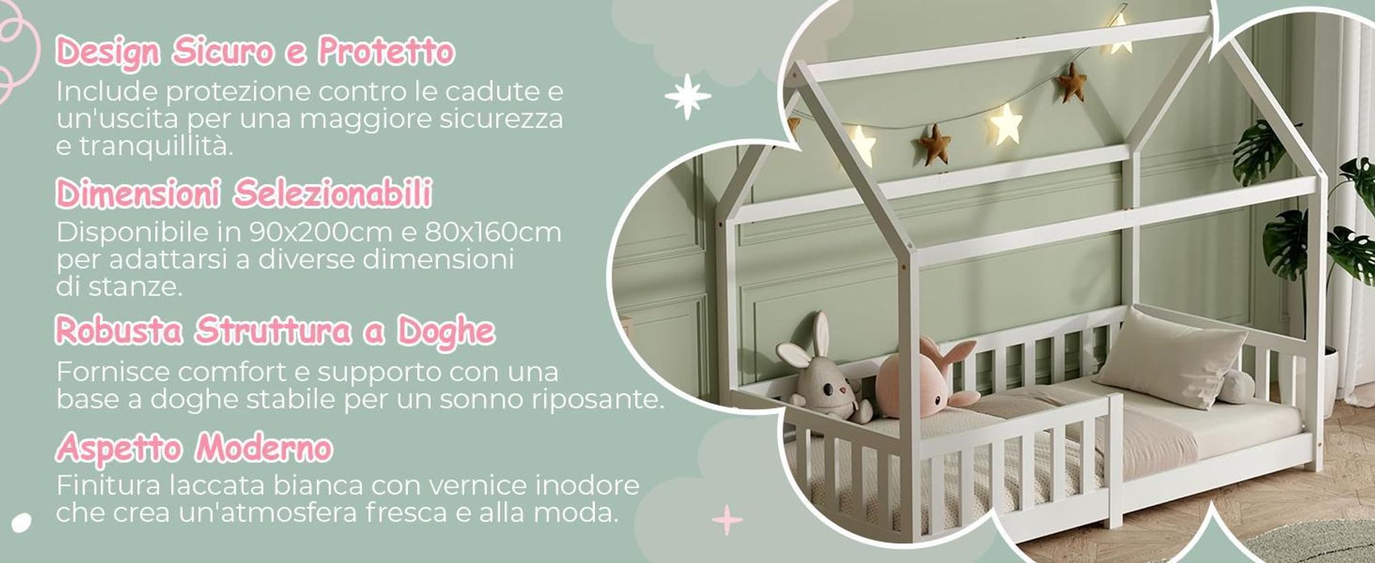 Lettino per bambini 80x160 cm con protezione anticaduta e rete a doghe, letto matrimoniale - Lettino per bambini - naturale