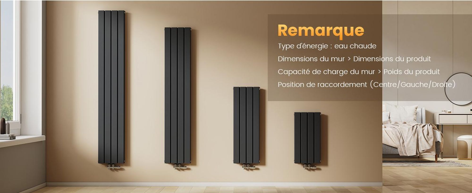 EMKE Radiateur plat Radiateur panneau design Noir Vertical Double couche 1600x 300 mm 966W sans thermoplongeur