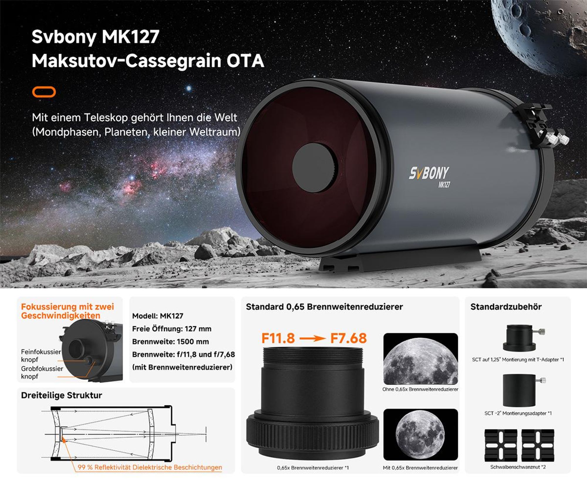 SVBONY MK127 Teleskop Maksutov Cassegrain, katadioptrisches Teleskop für Astronomie, 127mm f/11.8 Tragbares Design für Mond- und Planetenbeobachtungen