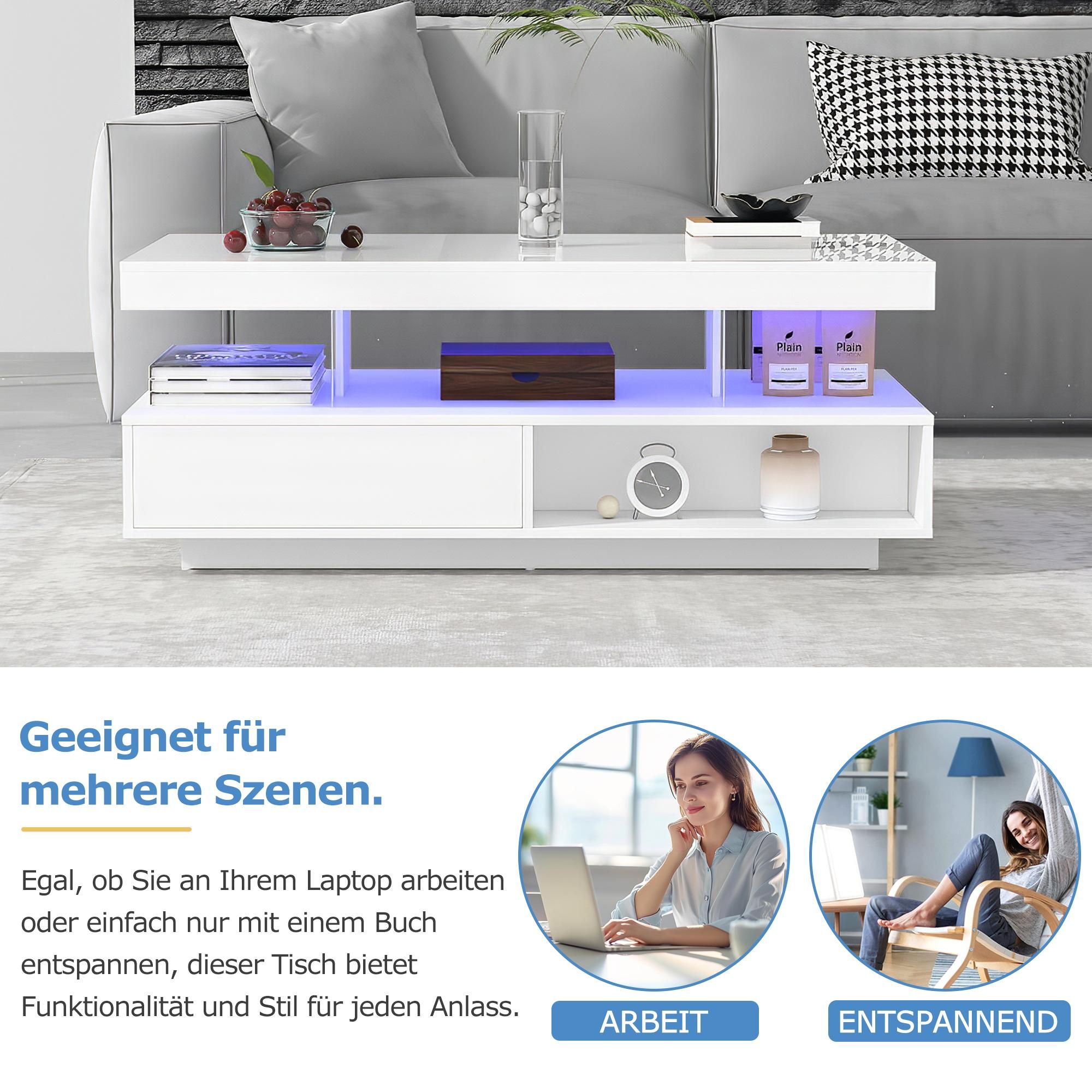 Merax Couchtisch mit 2 Schubladen und Stauraum, Beistelltisch Hochglanz Sofatisch mit LED inkl. APP, Wohnzimmertisch 95x42,5x50cm, Weiß