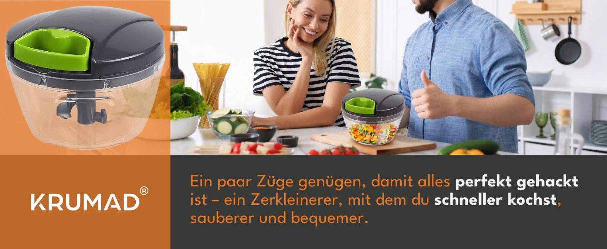 KRUMAD Manueller Zwiebel Zerkleinerer 500 ml, Gemüse Zerkleinerer mit Edelstahlklingen, kompakter Küchen Zerkleinerer ohne Strom
