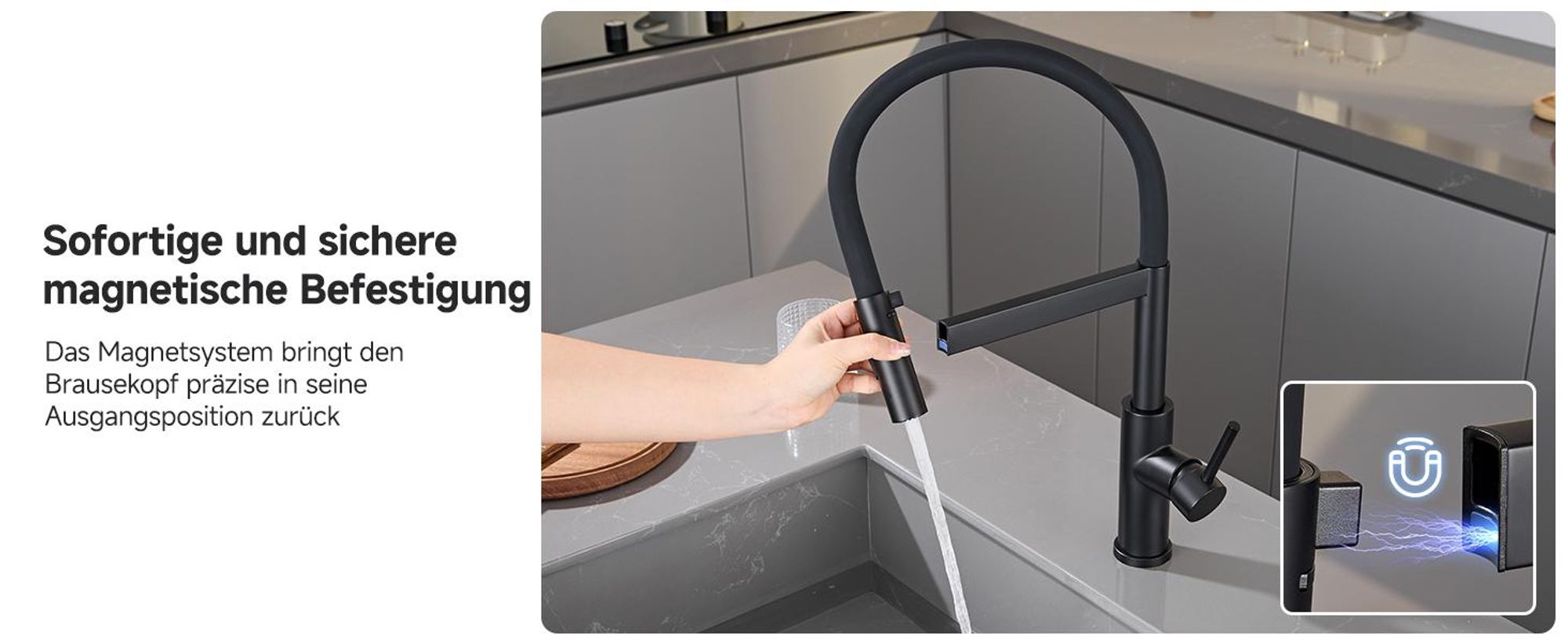 Wasserhahn Küche Magnetisch Schwarz, 2 Strahlarten Flexibel, 360° Drehbar Spültischarmatur, 304 Edelstahl Küchenarmatur Cecipa Einhandmischer