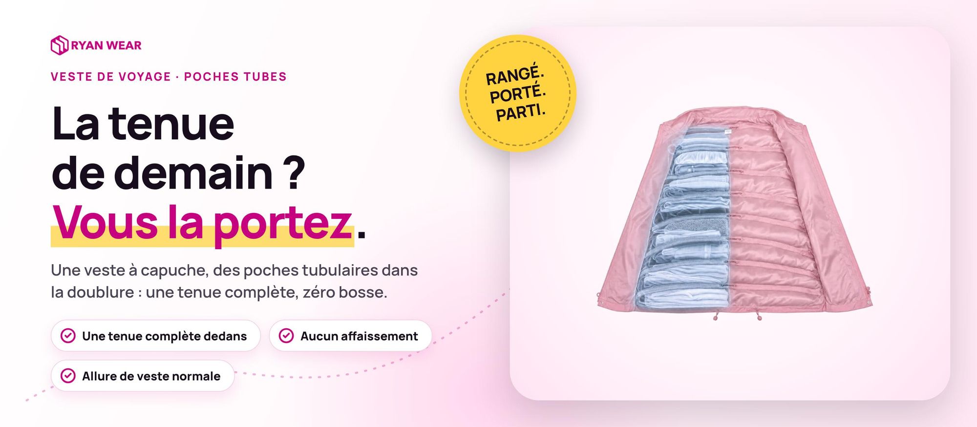 Veste de rangement Ryanwear : veste de voyage à capuche unie, doublure à poches tubulaires
