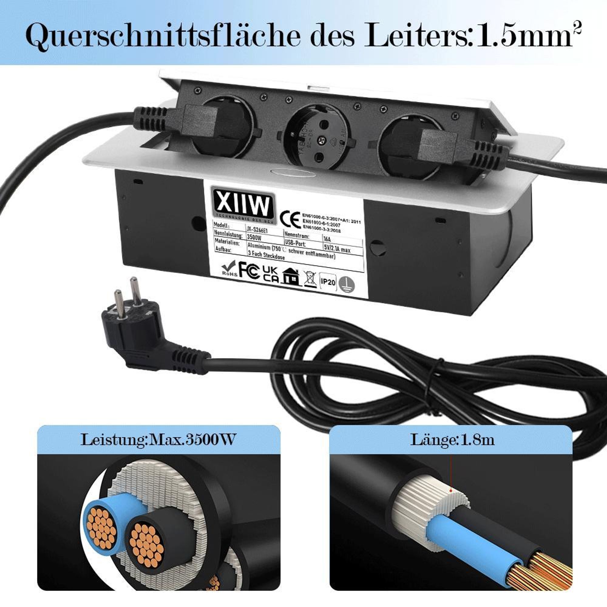 Aluminium Versenkbare Einbausteckdose, 3500W/16A, 2 Fach Tischplatte Versenkte Steckdose mit 2 USB, Mehrfachsteckdose für Arbeitsplatte  Schwarz
