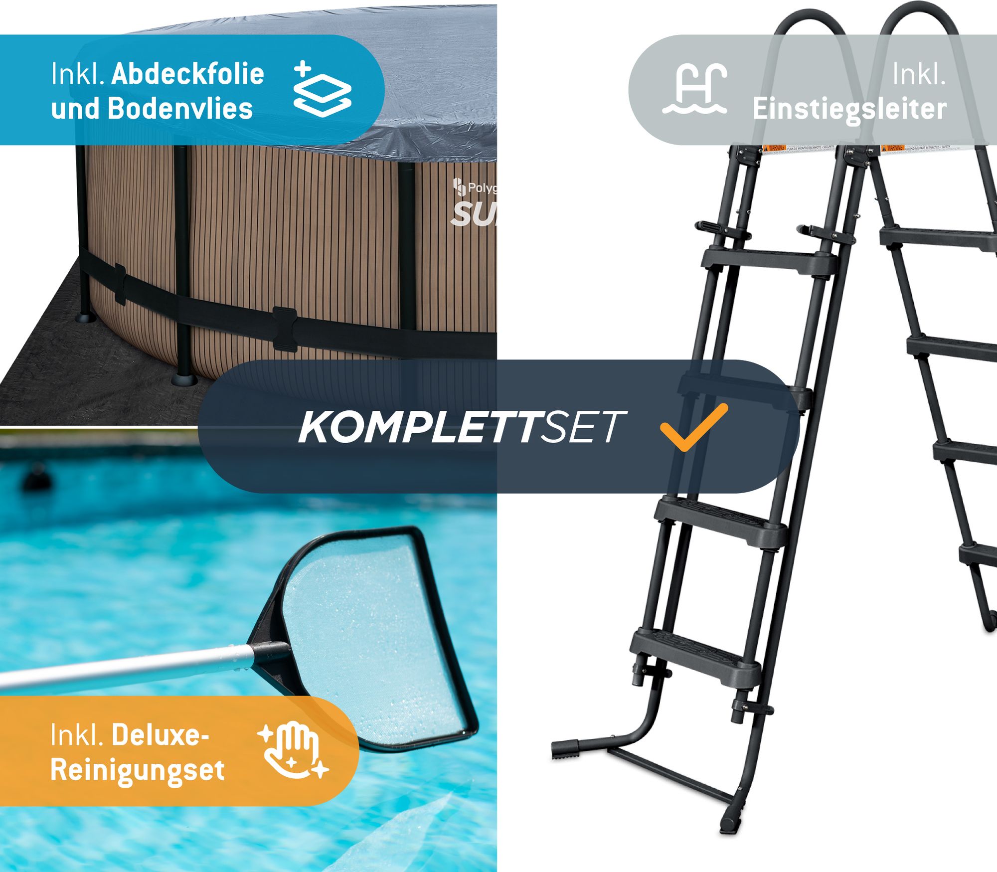 Summer Waves Elite Frame Pool Aufstellpool rund Komplettset Teakoptik braun Ø 549x132 cm