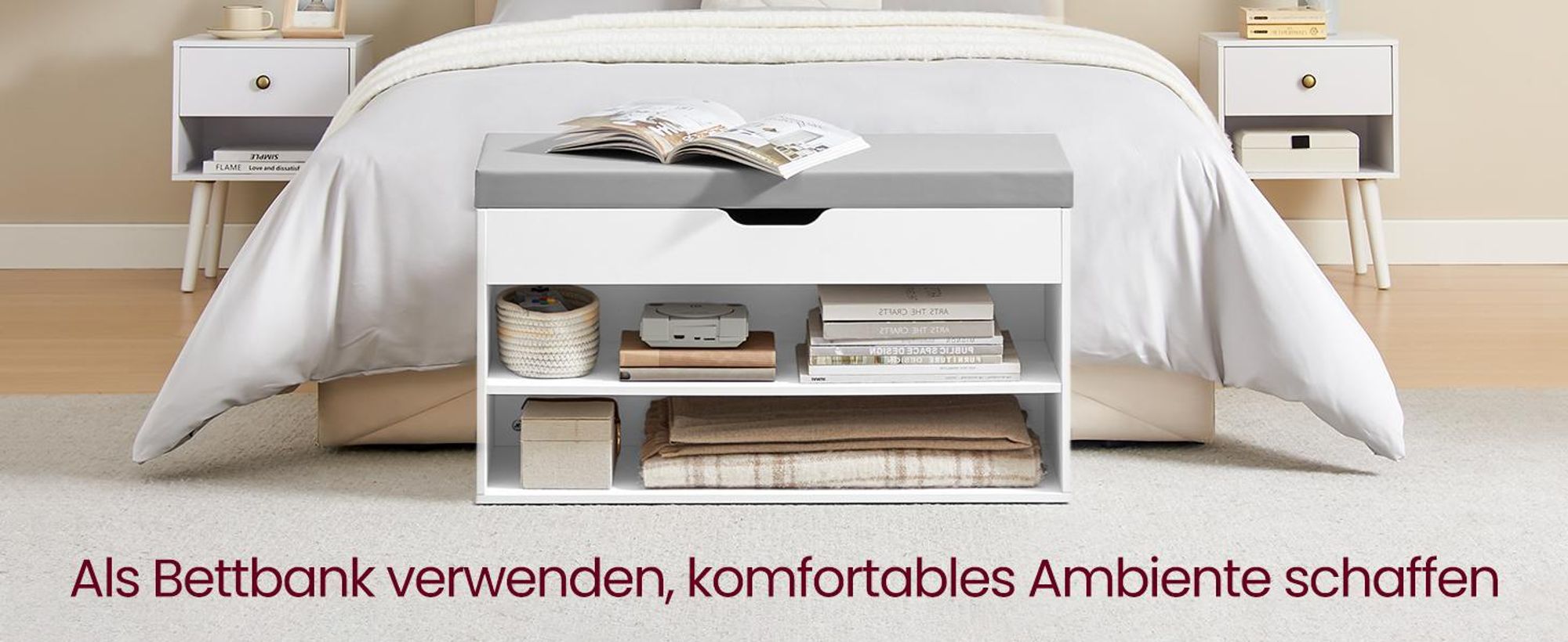 VASAGLE Schuhbank mit Sitzkissen, Schuhregal mit 3 Ebenen, 30 x 80 x 44 cm, weiß-grau