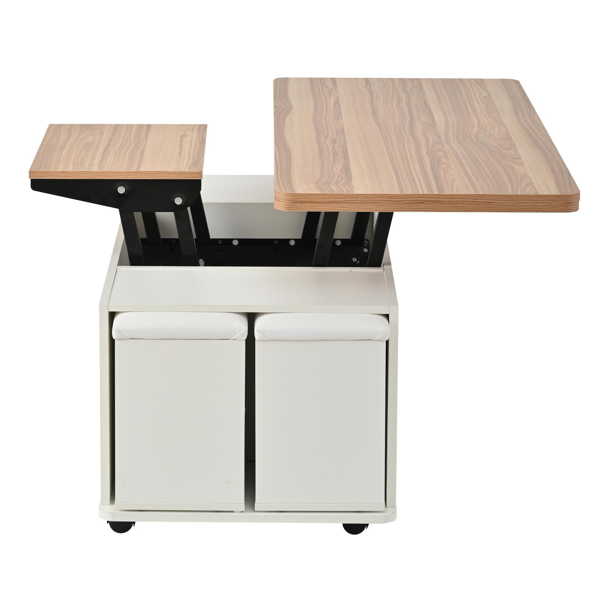 Merax Höhenverstellbarer 4-in-1 Couchtisch, Sofatisch mit ausziehbare Tischplatt, Wohnzimmertisch  mit Schublade und 4 Hockern, Weiß + Naturholz