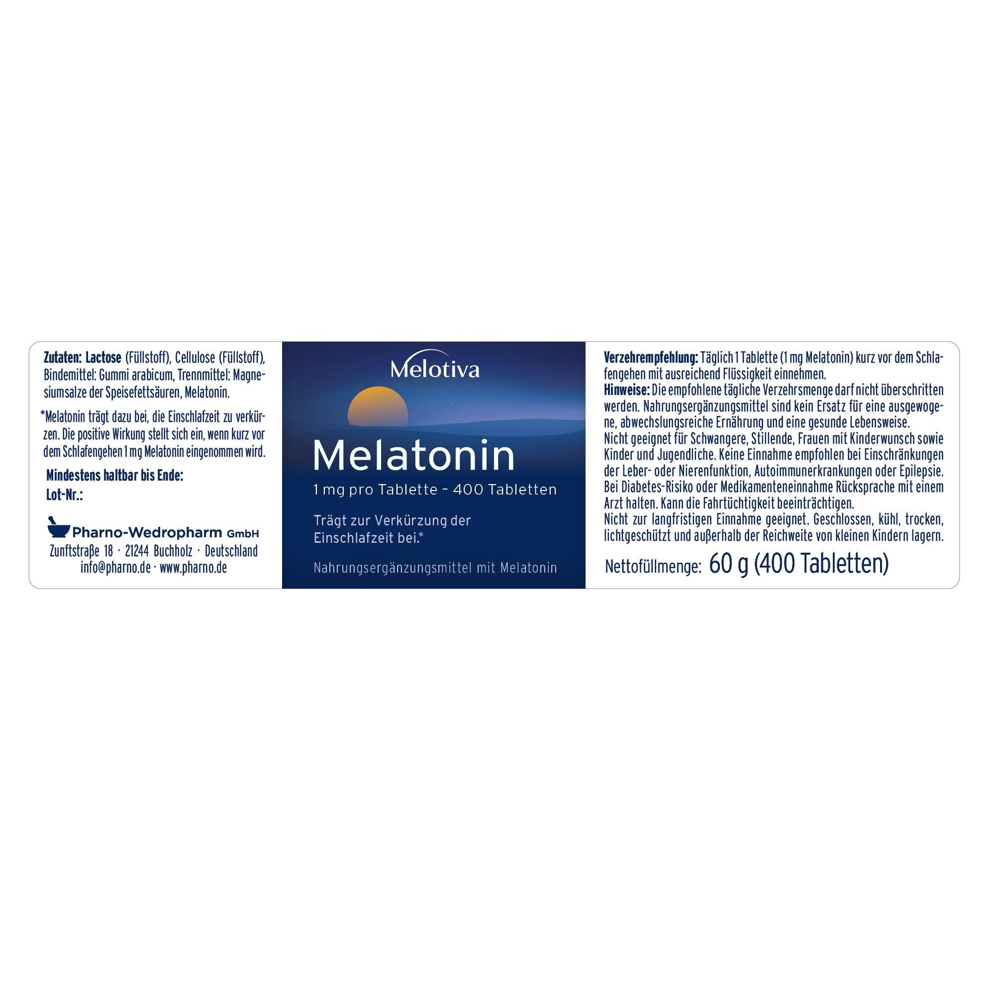 Melatonin 1 mg, 400 Tabletten, 60 g, Deutsches Produkt in Apothekenqualität