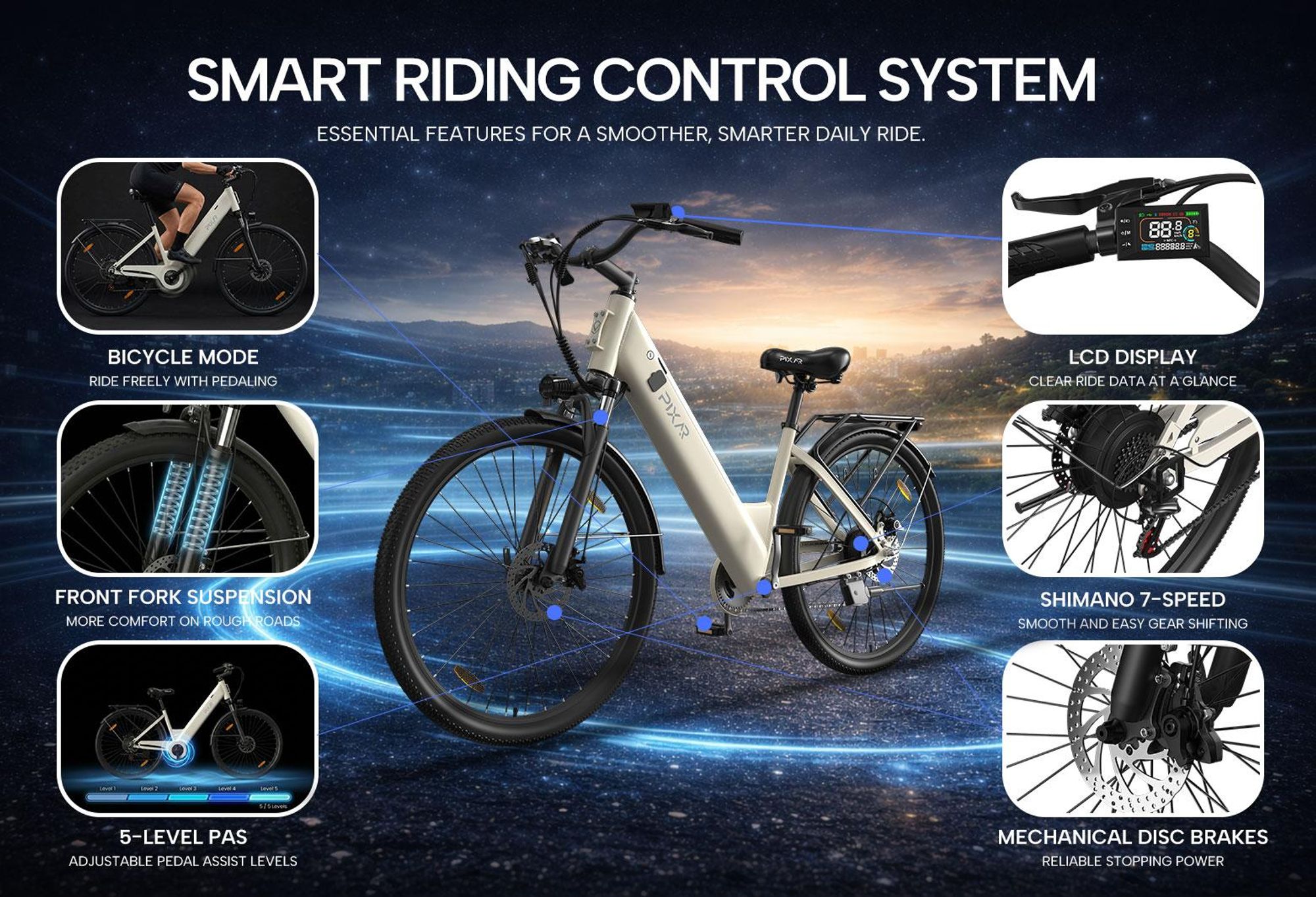 Pixar Bikes C1 E-Mountainbike 27,5 Zoll Pedelec 250 W, 36 V Samsung Akku, bis 120 km Reichweite, Shimano 7-Gang, 25 km/h