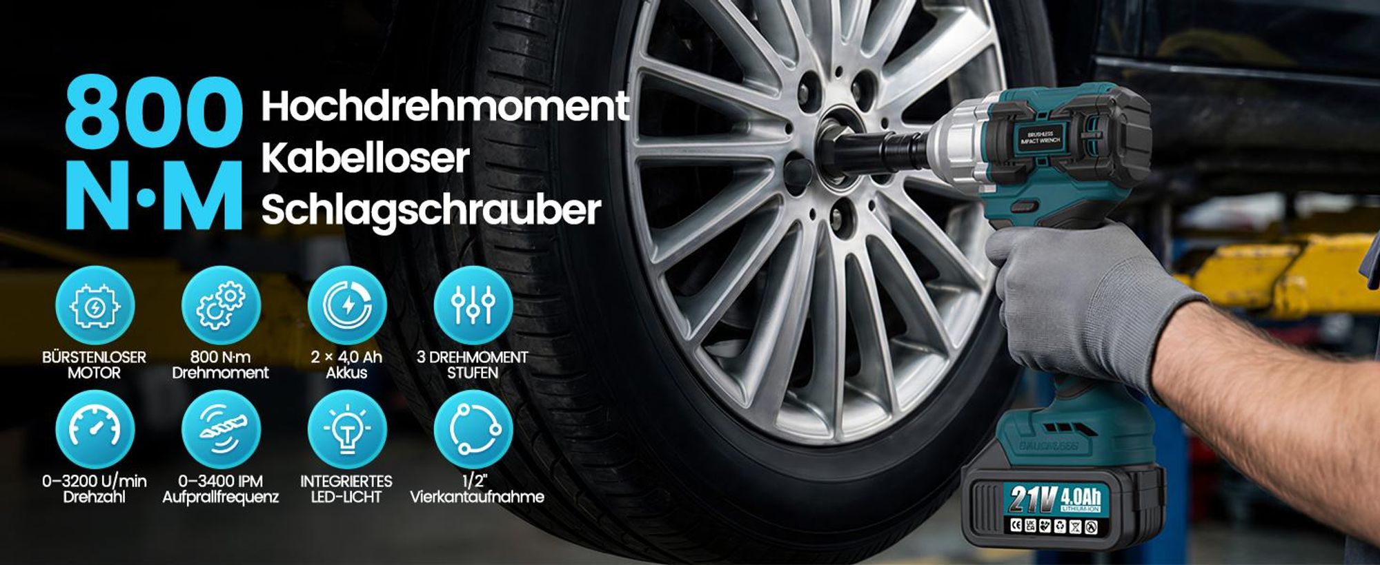 Akku Schlagschrauber 800 Nm 1/2" Bürstenloser Schlagschrauber 3200 U/min mit 2 × 4,0 Ah Akkus, Koffer, 5 Stecknüsse