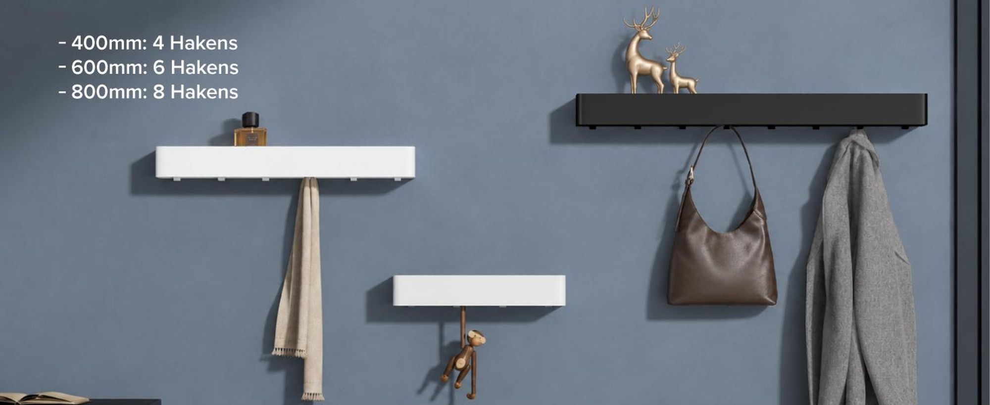 doporro Wandgarderobe mit Ablage, Garderobenleiste 80 cm mit 8 Garderobenhaken, Kleiderhaken Wand ohne Bohren Weiß Reglo-05