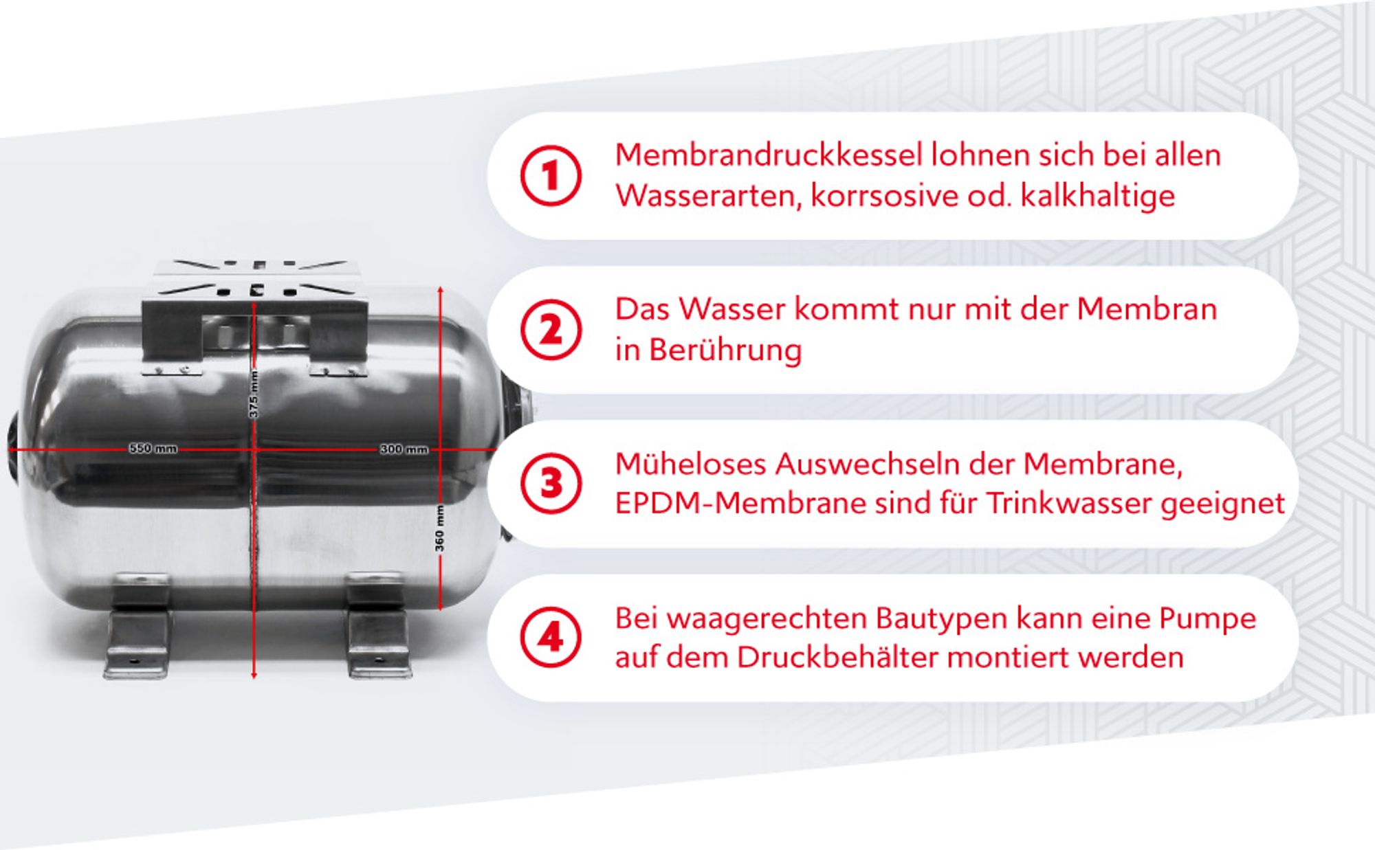 Wiltec Edelstahl Ausdehnungsgefäß 50 Liter, horizontaler Membrankessel für Hauswasserwerke und Druckerhöhungsanlagen mit EPDM Membran