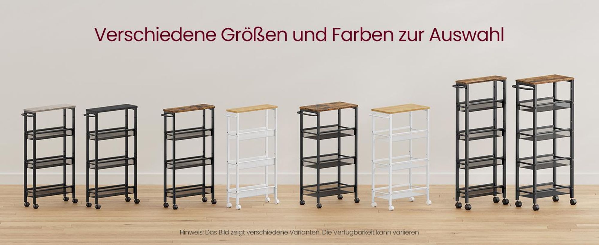 VASAGLE Rollwagen 4 Ebenen, Küchenwagen schmal, Nischenregal auf Rollen, Stahl, Griff, für kleine Räume, 13 x 45,4 x 77 cm, greige meliert-schwarz