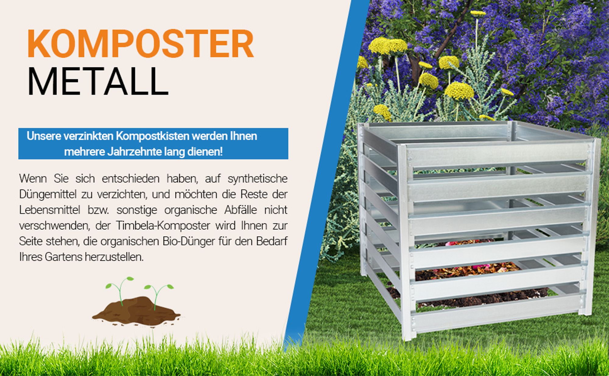 Komposter Garten Metall 704L – TIMBELA M800 Komposter 91 x 91 x H85 cm – Metallkomposter verzinkt, großer Kompostbehälter Garten, stabil, wetterfest