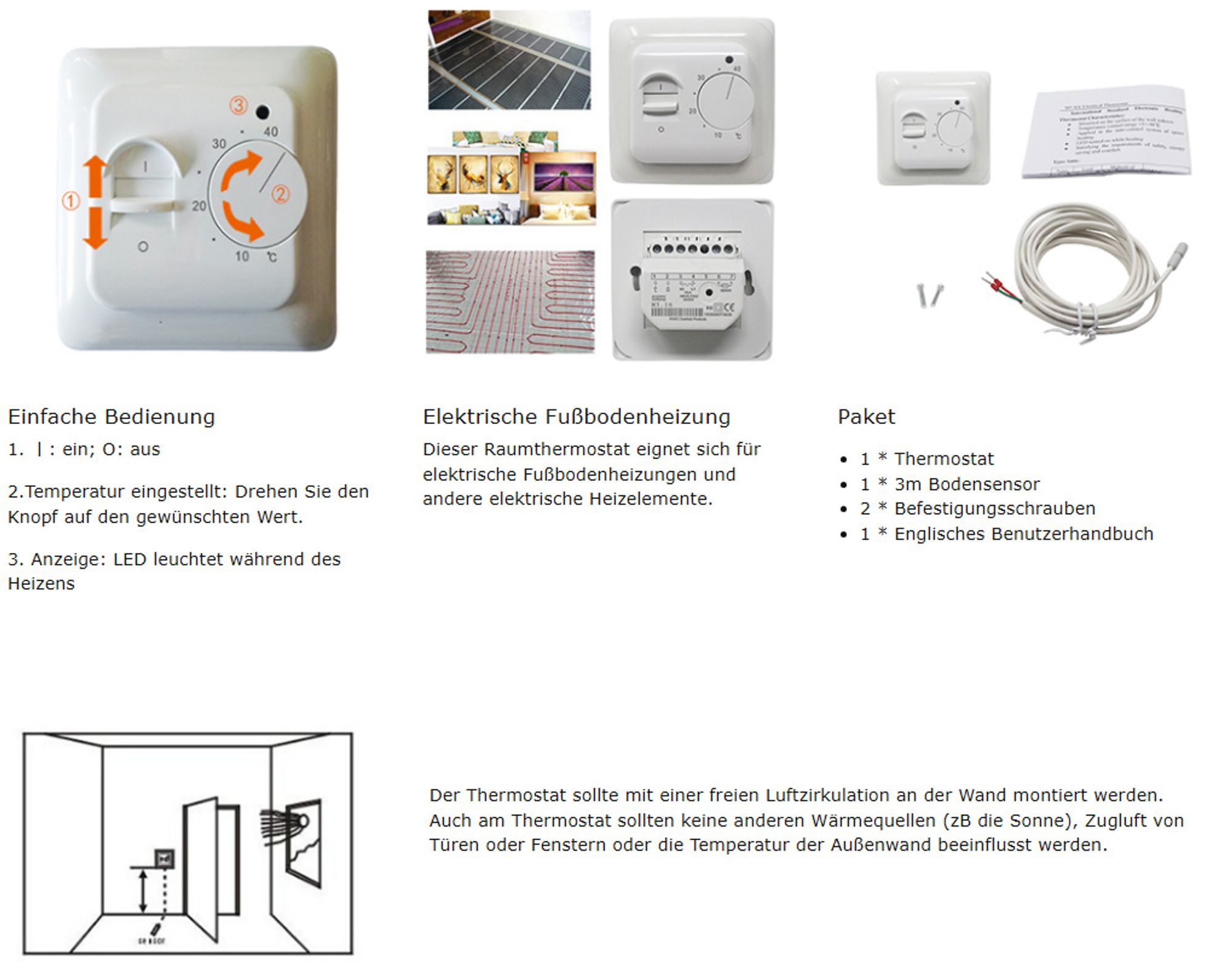 Manuell Raumthermostat Fußbodenheizung Elektrisch Regler mit Fühler 230V 16A, Elektrische Fusbodenheizungsregler Unterputz 220V