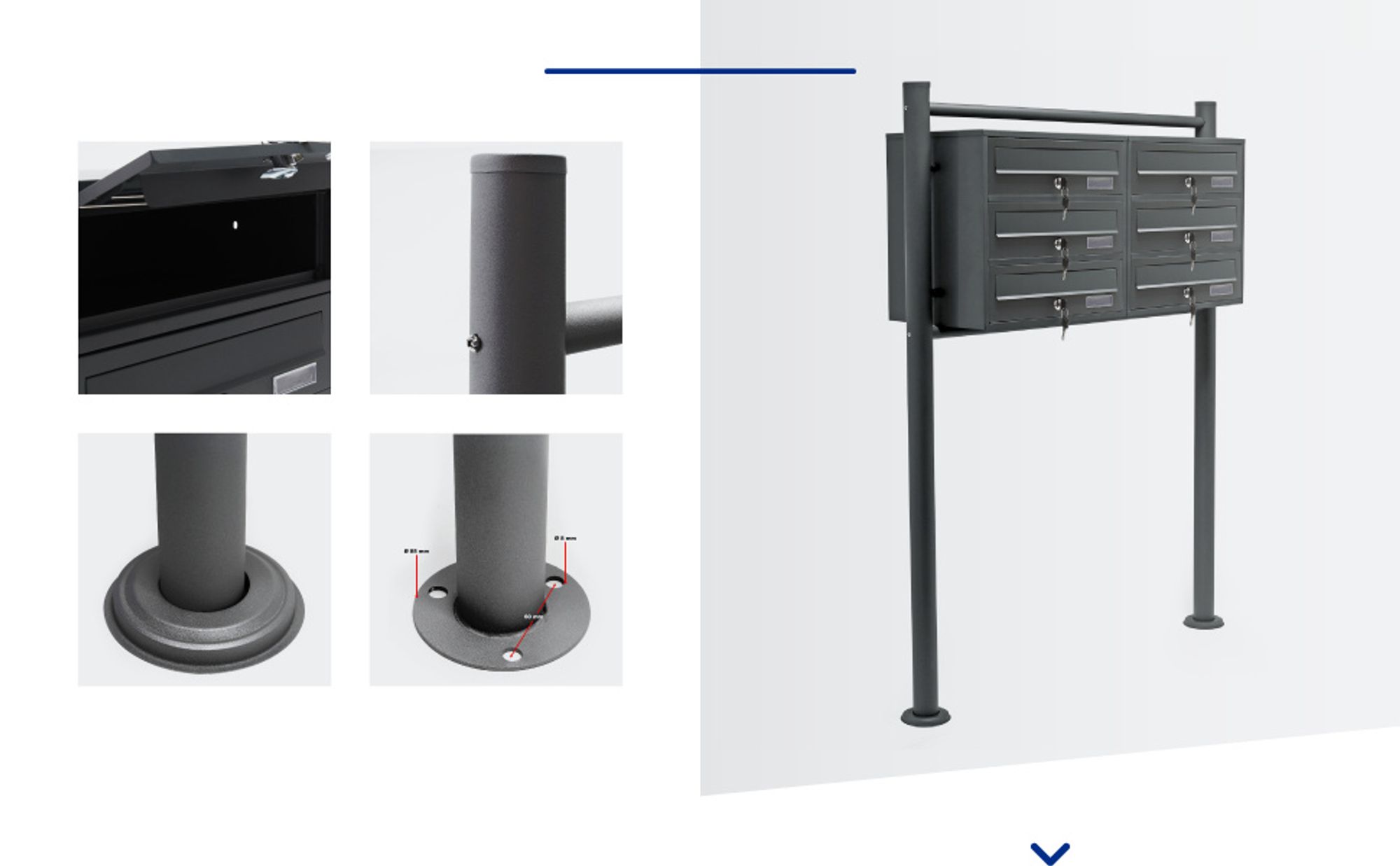 Wiltec 6er Briefkastenanlage Anthrazit 945 x 270 x 1200 mm, Standbriefkasten mit 2x3 Fächern, Schlüssel und Namensschild, Briefkasten Postkasten mit Ständer