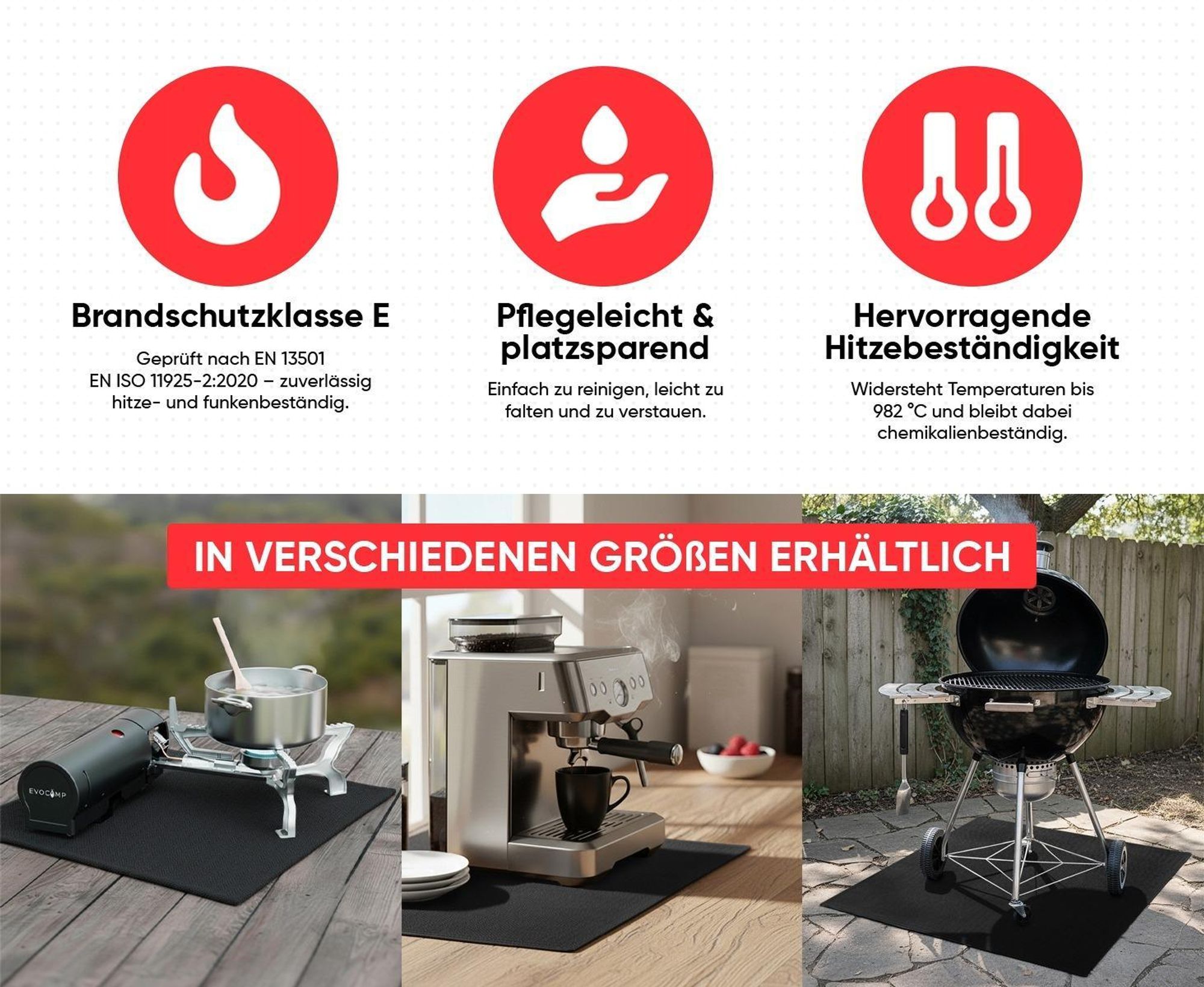 EVOCAMP Brandschutzmatte 30x30cm, feuerfest bis 982 °C, aus voroxidierte Fasern, flexibel, pflegeleicht – Unterlage für Grill & Werkstatt