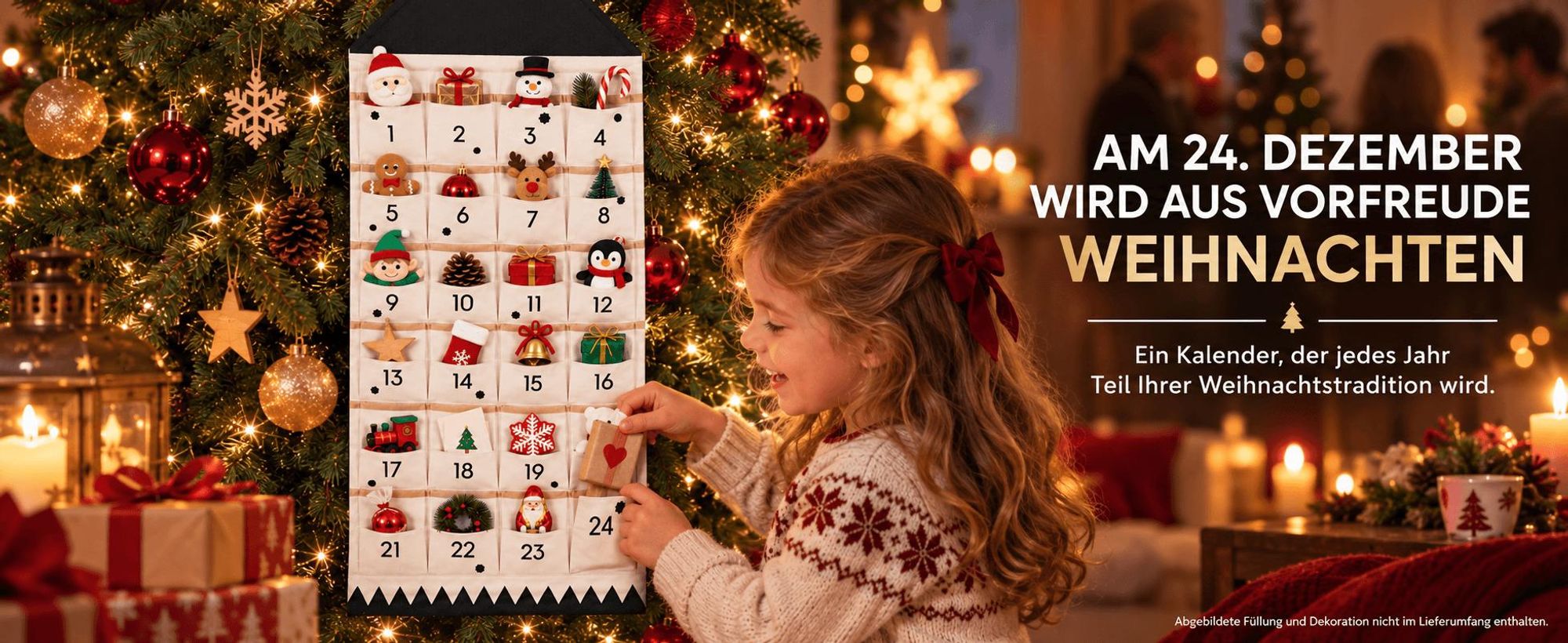 Adventskalender 24 Taschen zum Befüllen, Stoff Weihnachtskalender zum Aufhängen, wiederverwendbar, Weihnachtsdeko