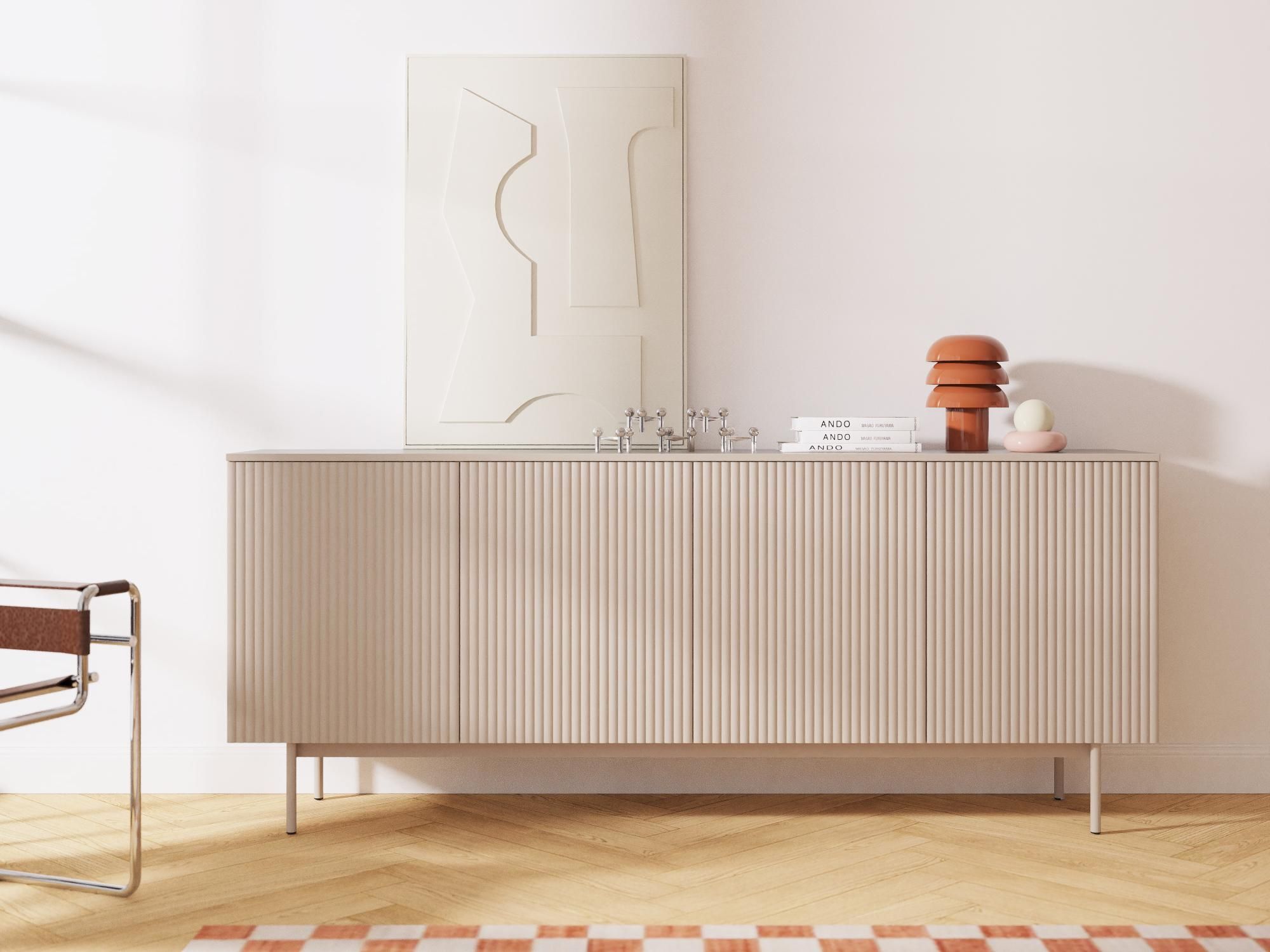 BEAUTYSOFA | Kommode SOFT 200 cm Kaschmir, Wohnzimmer Schrank mit 4 Türen und geriffelten Fronten, Push-to-Open