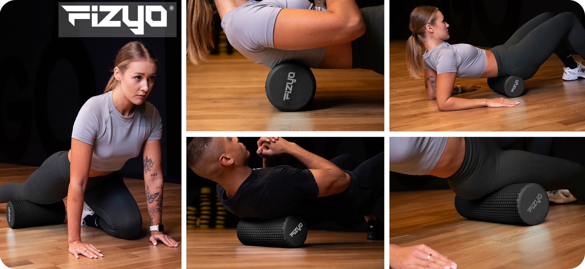 Trening Fitness z wałkiem do masażu z wypustkami 30x15 cm FIZYO — osoba wykonuje ćwiczenia