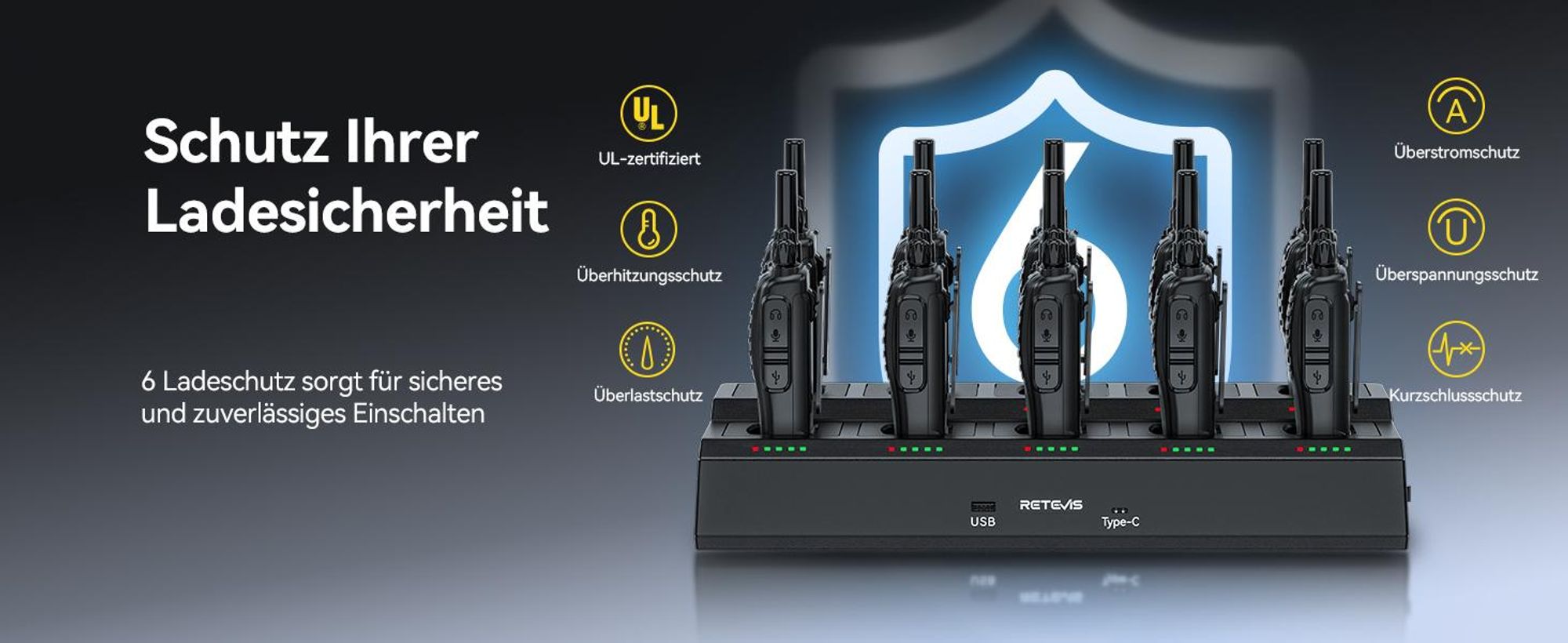 Retevis H777D Funkgeräte Professional, Walkie Talkie mit 10-Wege-Ladegerät, PMR Funkgerät LCD-Display, 1200 mAh Akku, Typ-C-Ladung, für Sicherheit