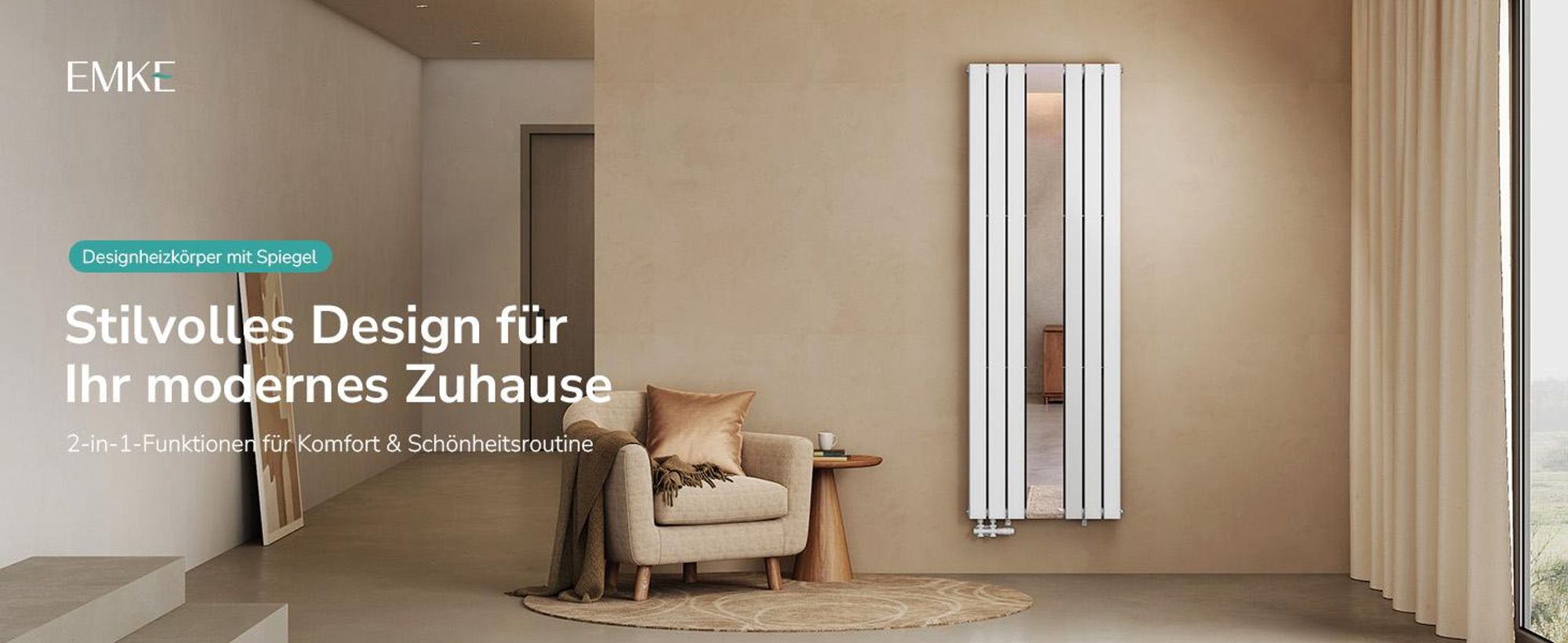 EMKE Designheizkörper mit Spiegel Vertikal 1800x608 mm, Badheizkörper Warmwasser 1788W, Paneelheizkörper Doppellagig, Wandheizkörper für Wohnraum Weiß