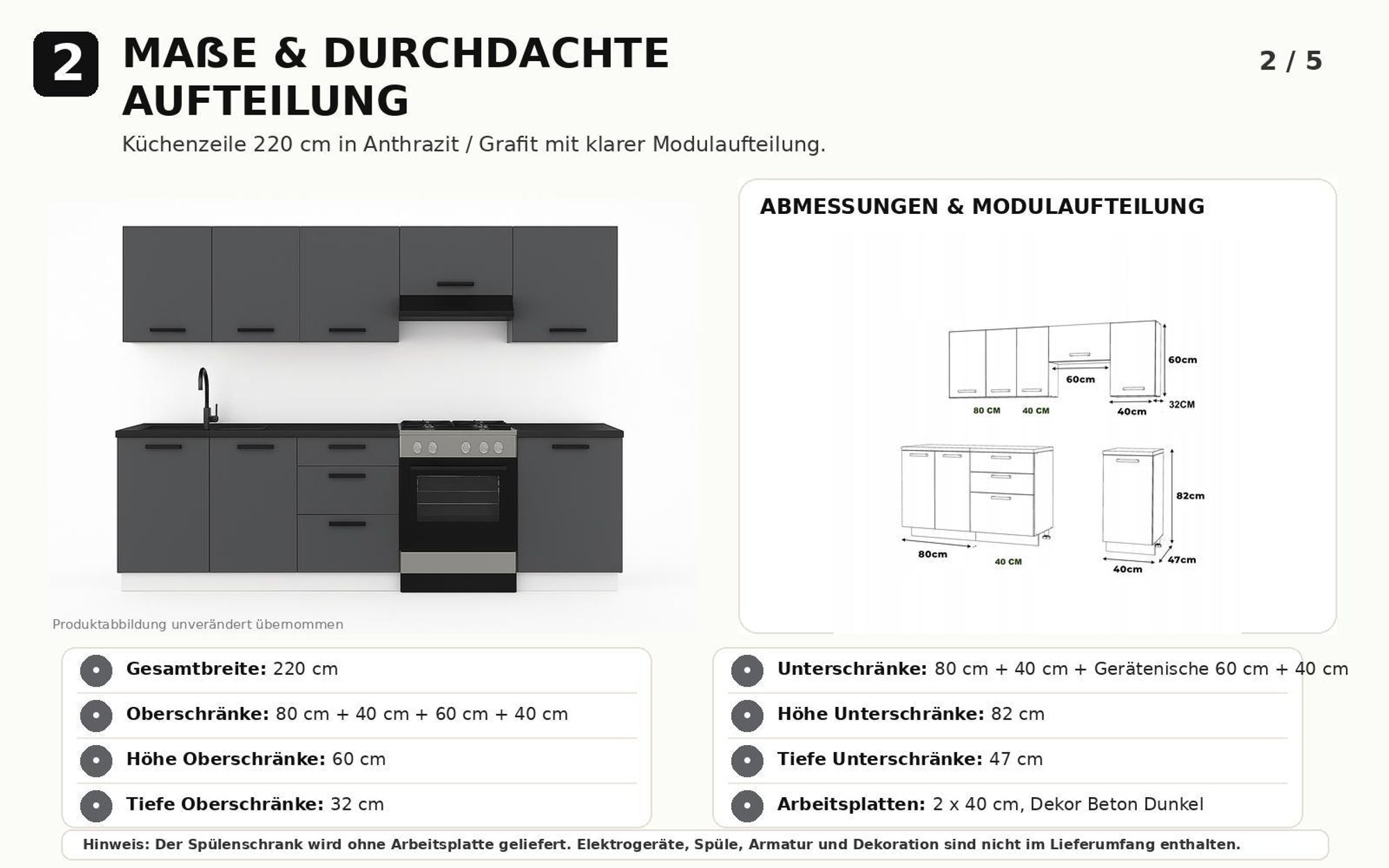 Maßübersicht der 220 cm Küchenzeile mit Ober-, Unter- und Geräteschränken.