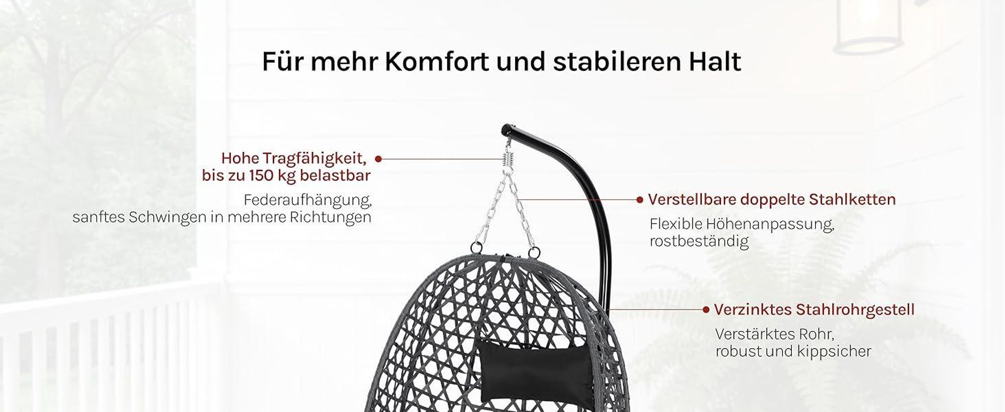 WOLTU Hängesessel mit Gestell bis 150 kg belastbar PE-Rattan, Schwarz