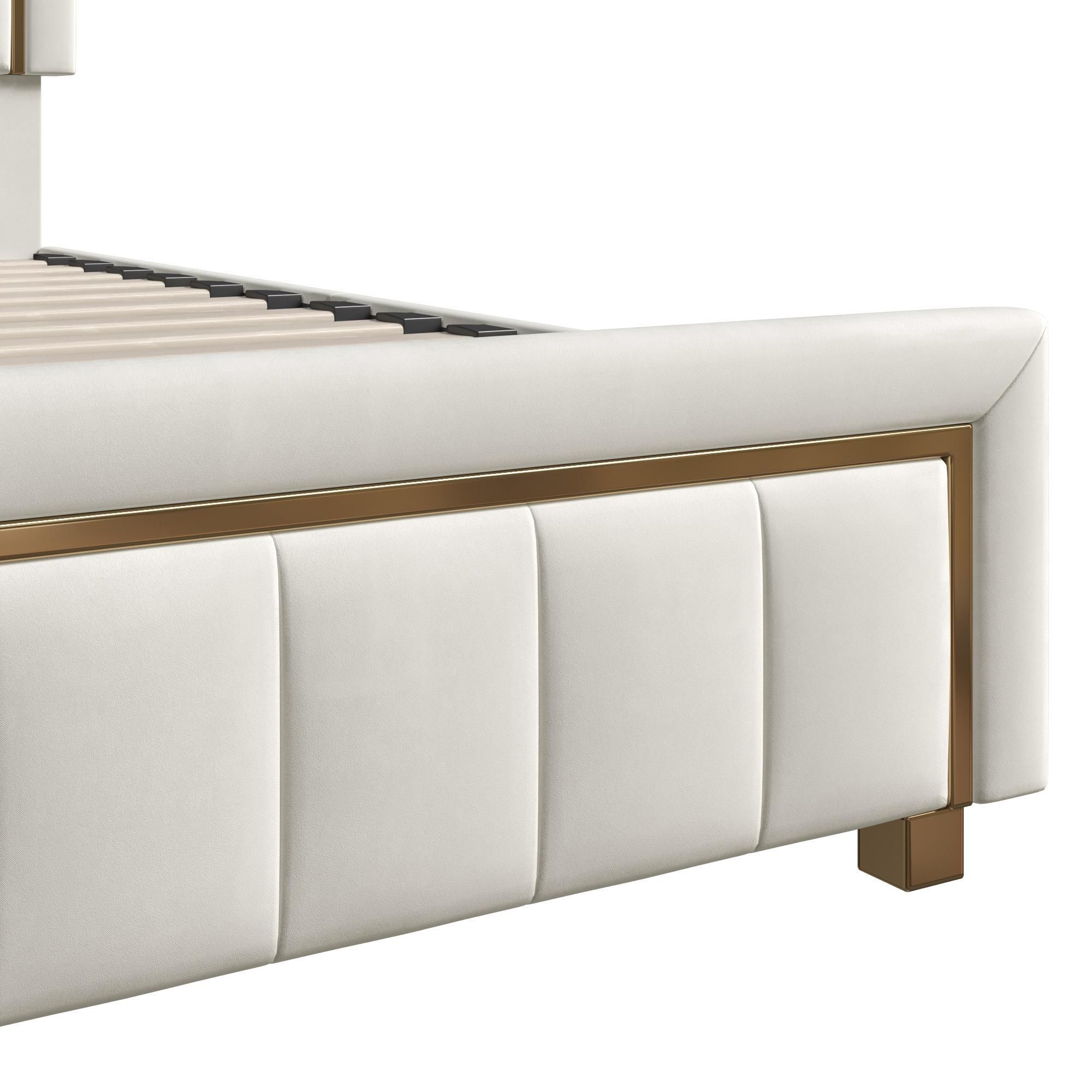 Polsterbett 140x200cm mit Stauraum und Lattenrost, Doppelbett mit Rückenlehne, Vergoldetem Rand Doppelbett Ehebett Funktionsbett aus Samt, Beige