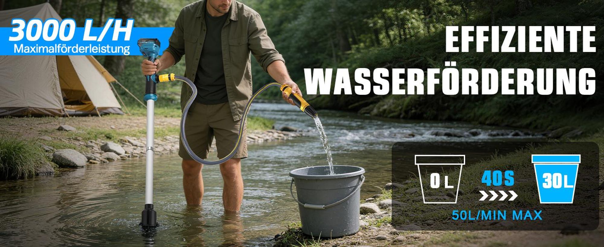 3000 L/h Akku Regenfasspumpe mit 2×2.0Ah Akku & Gartensprühdüse Kabellose Stab-Transferpumpe Elektro Wasserpumpe für Pool/Garten/Teich/Wohnmobil/Boot