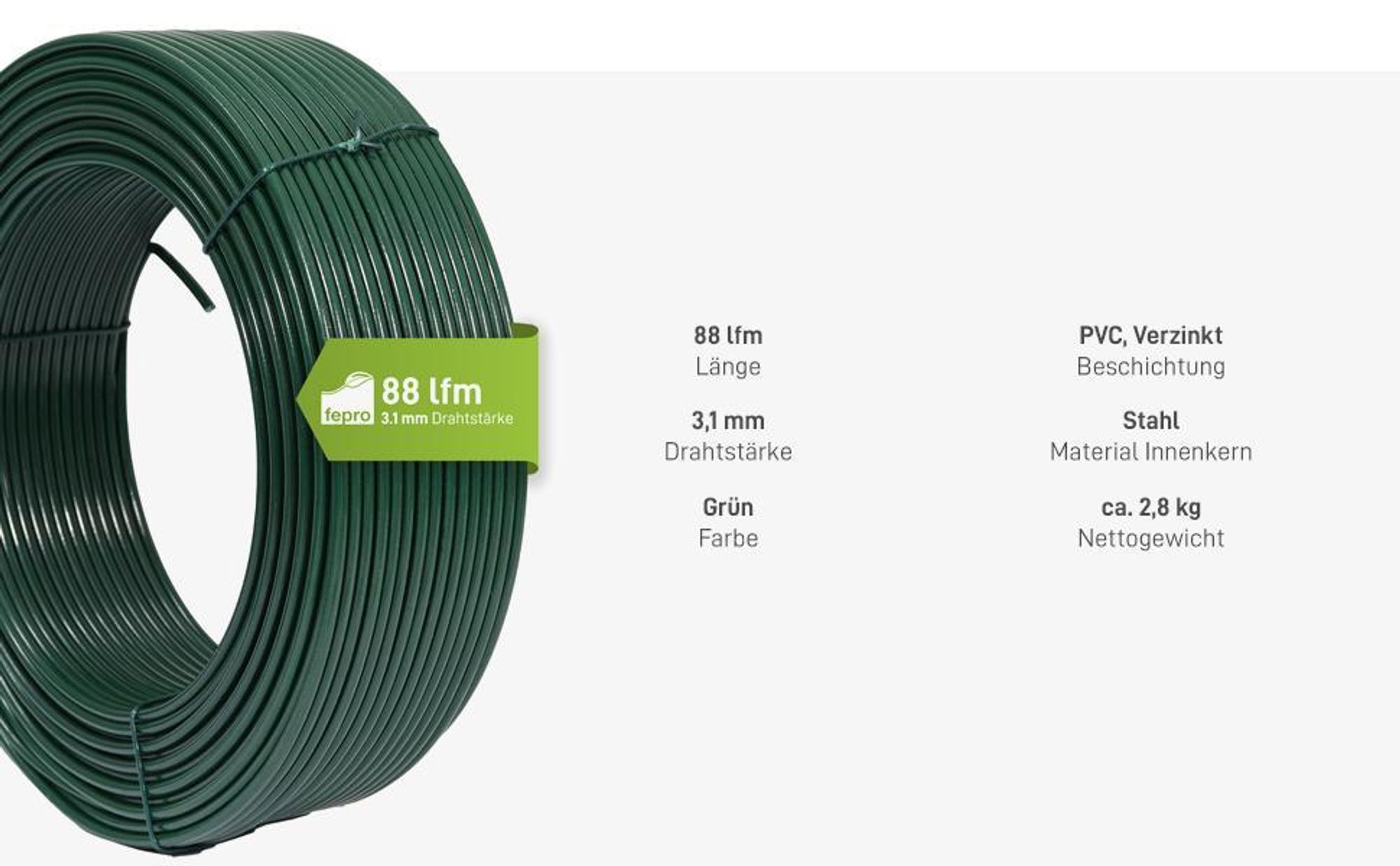 Fepro® Spanndraht 3,1 mm x 88 m, grün, verzinkt und kunststoffbeschichtet - witterungsbeständig, ideal für Maschendraht, Wildzaun, Garten oder basteln